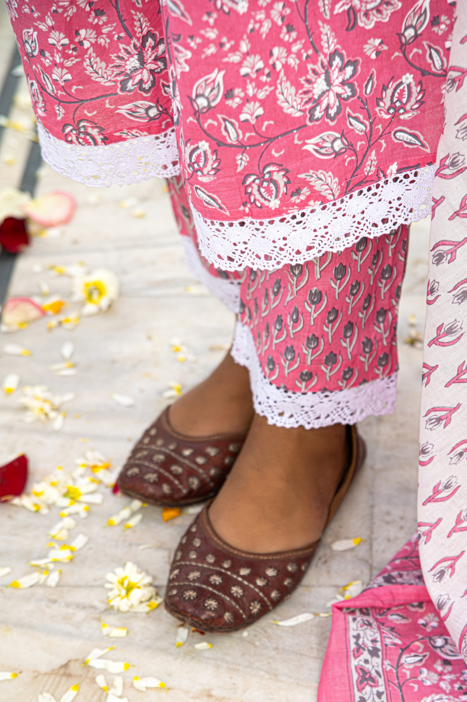 White Pink Hand Block Printed Cotton Suit with Dupatta