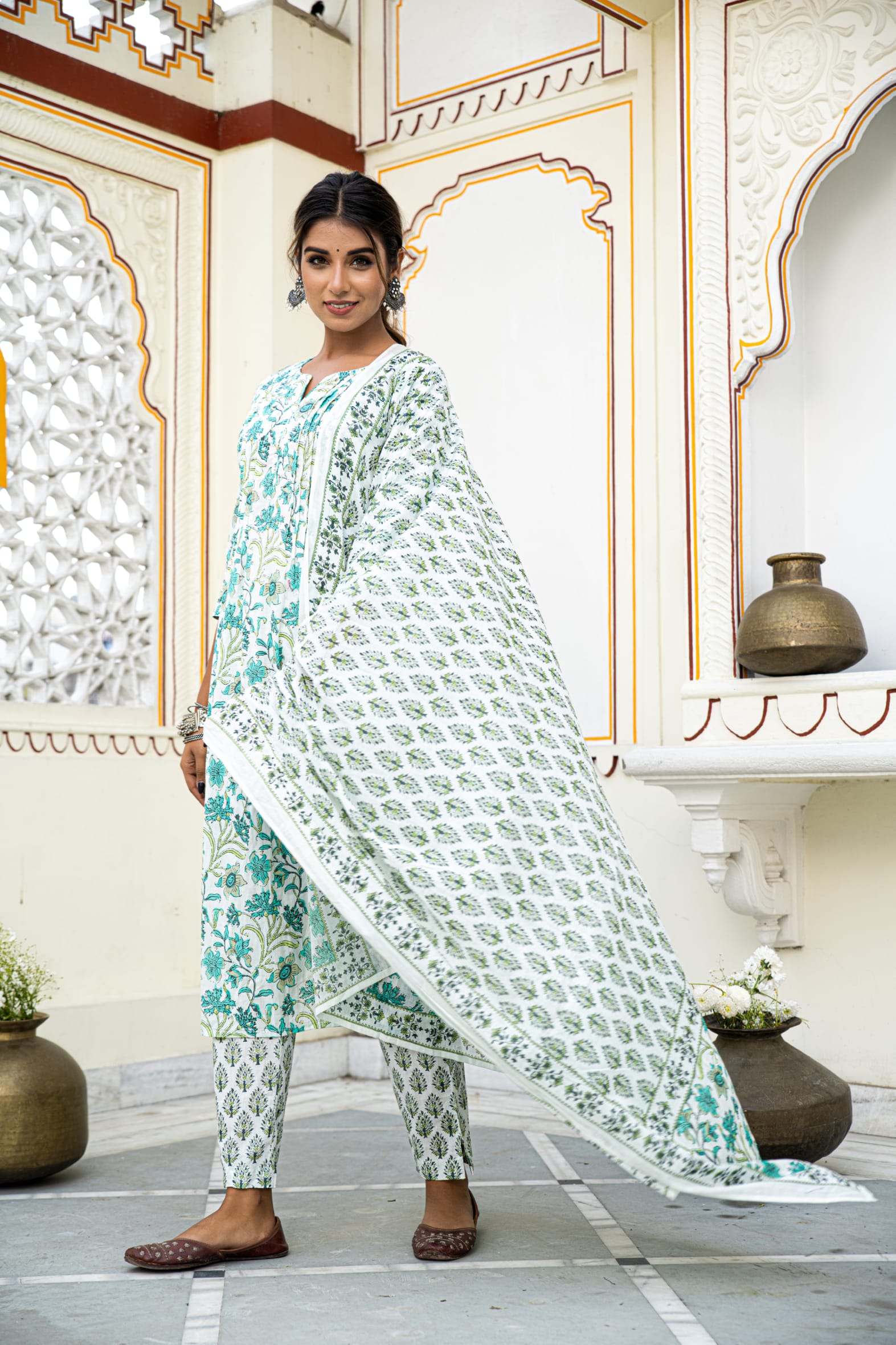 White Cotton Block Printed Kurta Pant Set With Pleats & Printed Cotton Dupatta