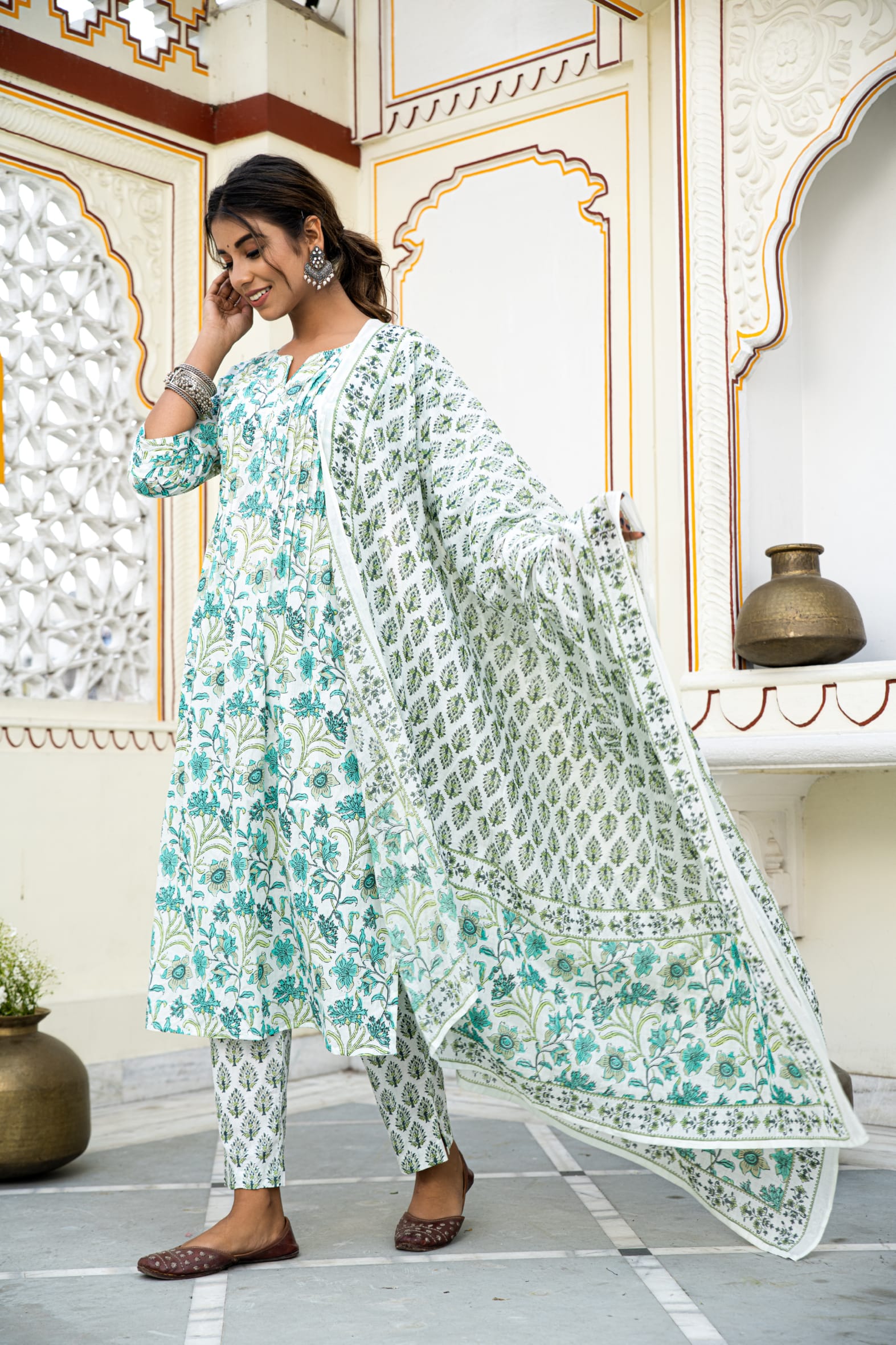 White Cotton Block Printed Kurta Pant Set With Pleats & Printed Cotton Dupatta