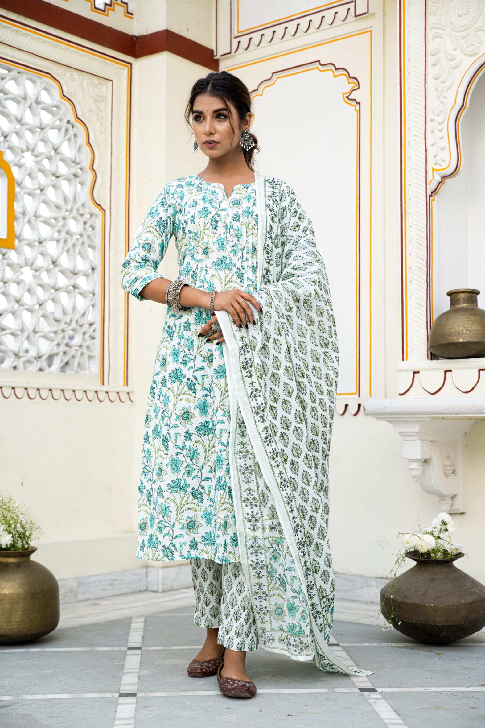 White Cotton Block Printed Kurta Pant Set With Pleats & Printed Cotton Dupatta