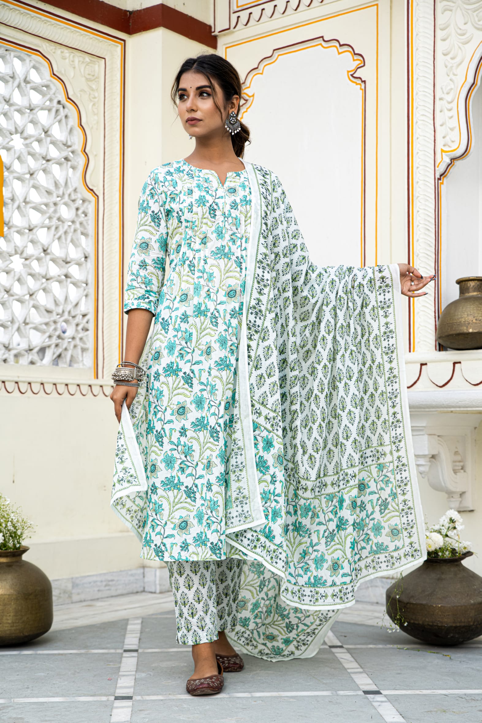 White Cotton Block Printed Kurta Pant Set With Pleats & Printed Cotton Dupatta