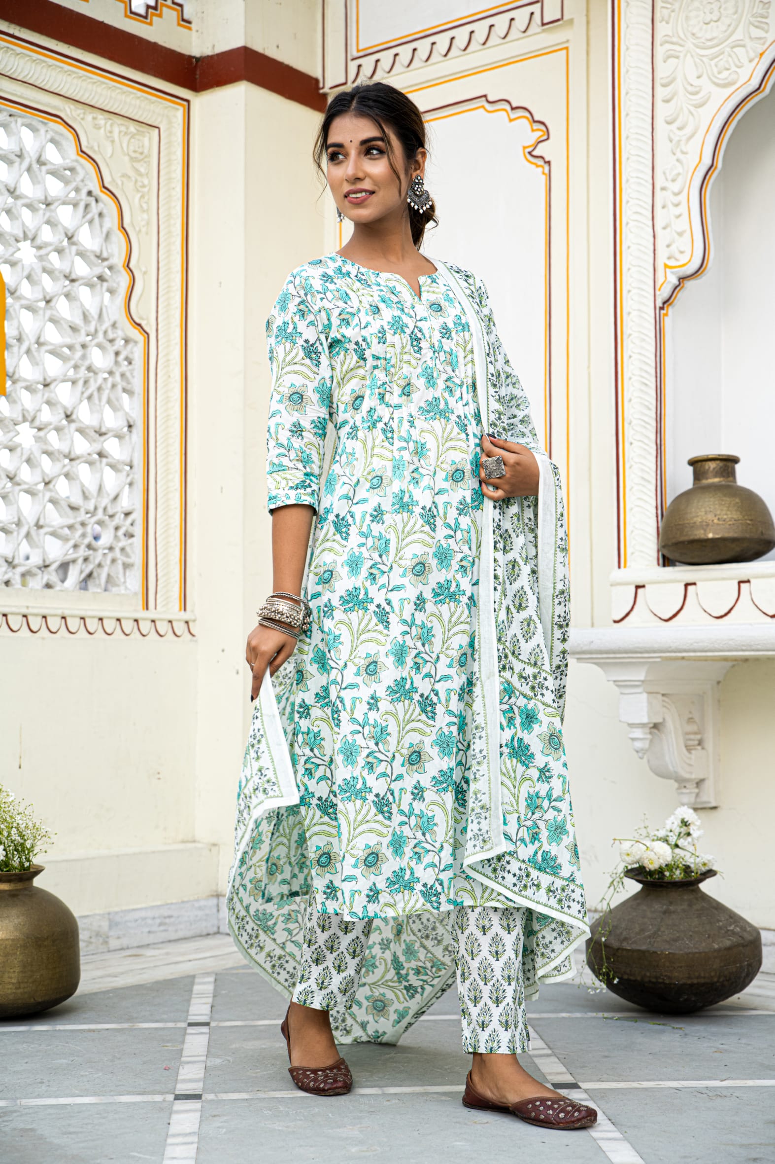 White Cotton Block Printed Kurta Pant Set With Pleats & Printed Cotton Dupatta