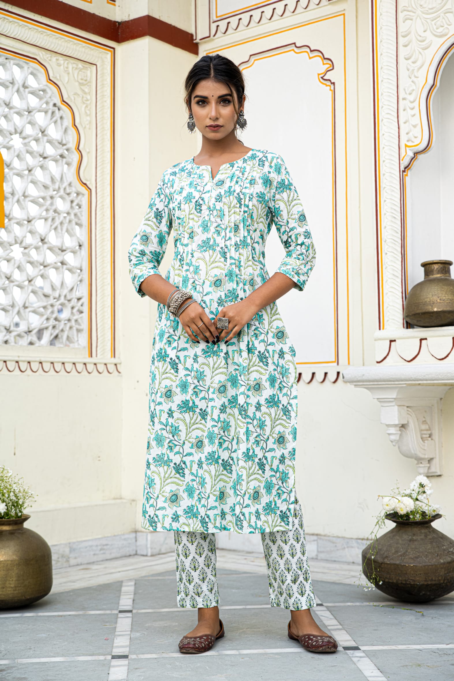 White Cotton Block Printed Kurta Pant Set With Pleats & Printed Cotton Dupatta