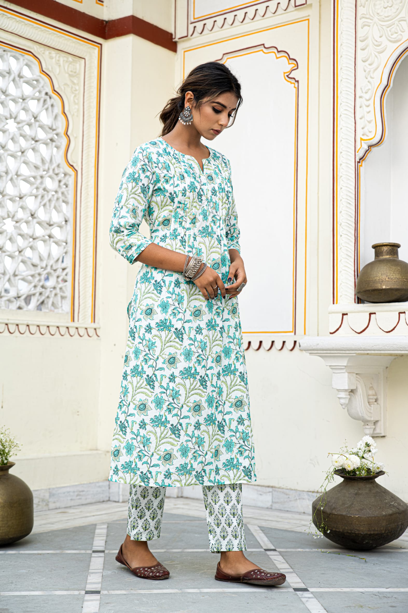 White Cotton Block Printed Kurta Pant Set With Pleats & Printed Cotton Dupatta