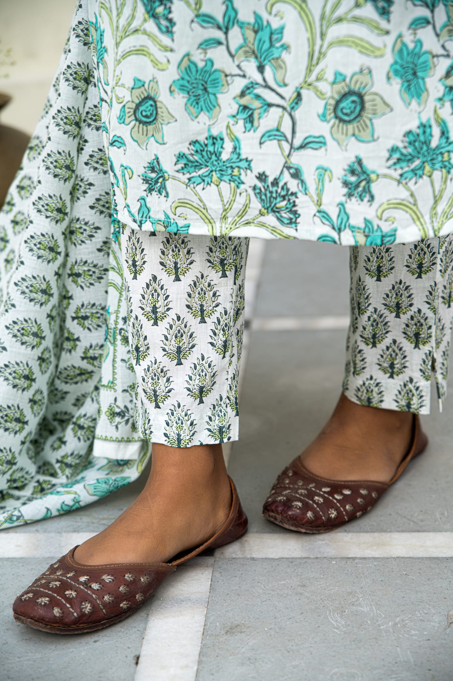 White Cotton Block Printed Kurta Pant Set With Pleats & Printed Cotton Dupatta