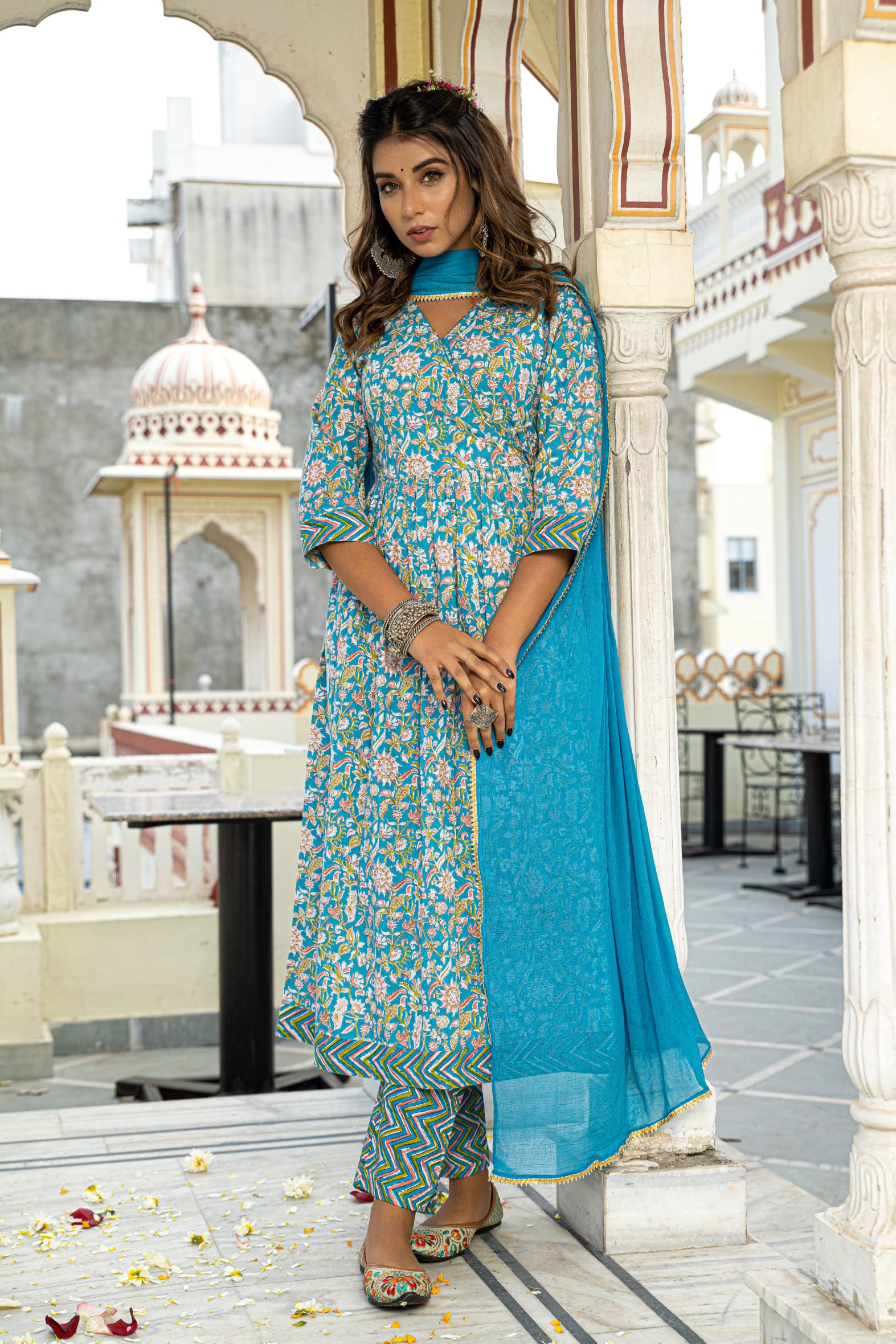 Blue Hand Block Printed Cotton Angrakha Suit with Chiffon Dupatta