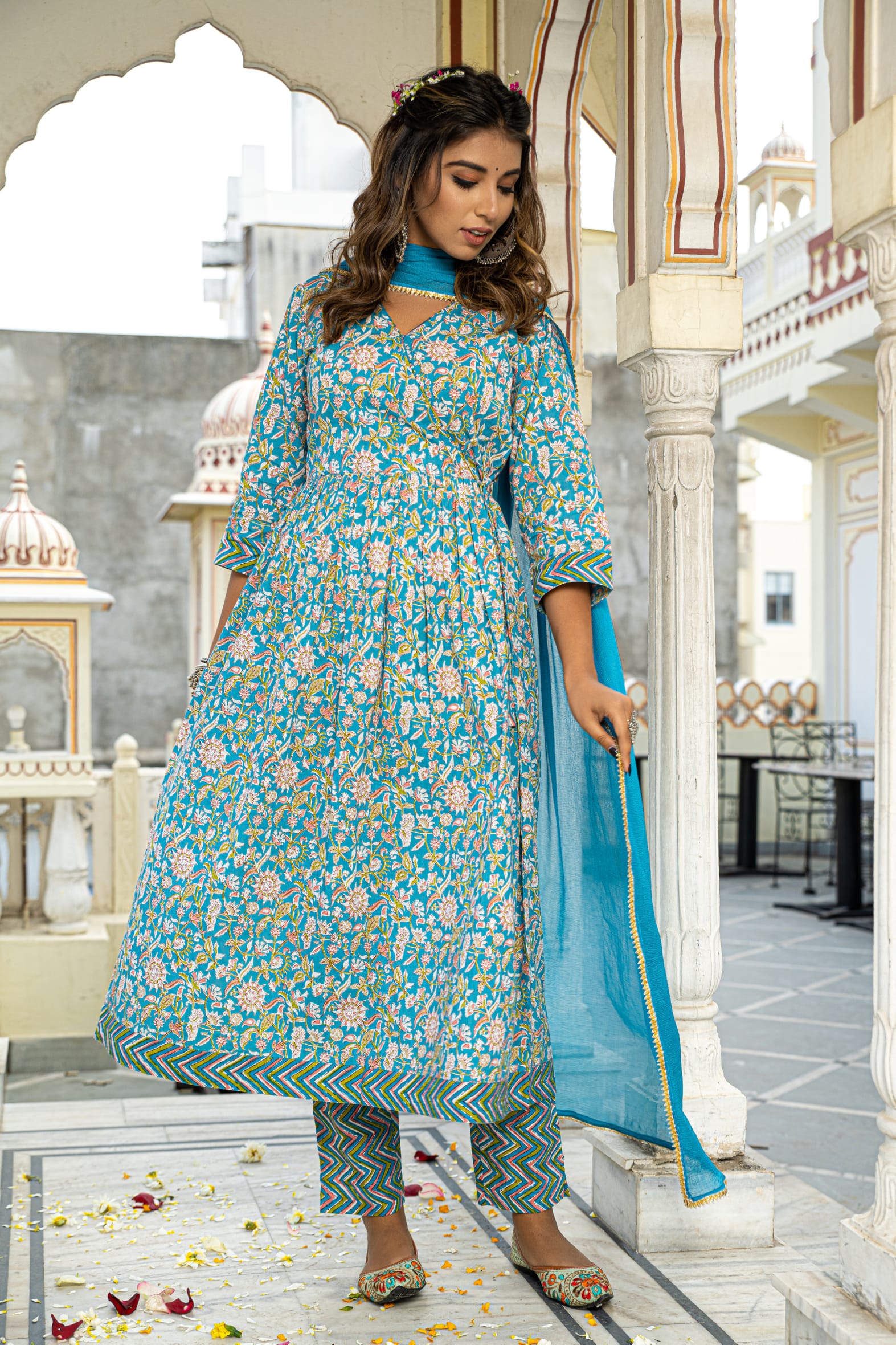 Blue Hand Block Printed Cotton Angrakha Suit with Chiffon Dupatta