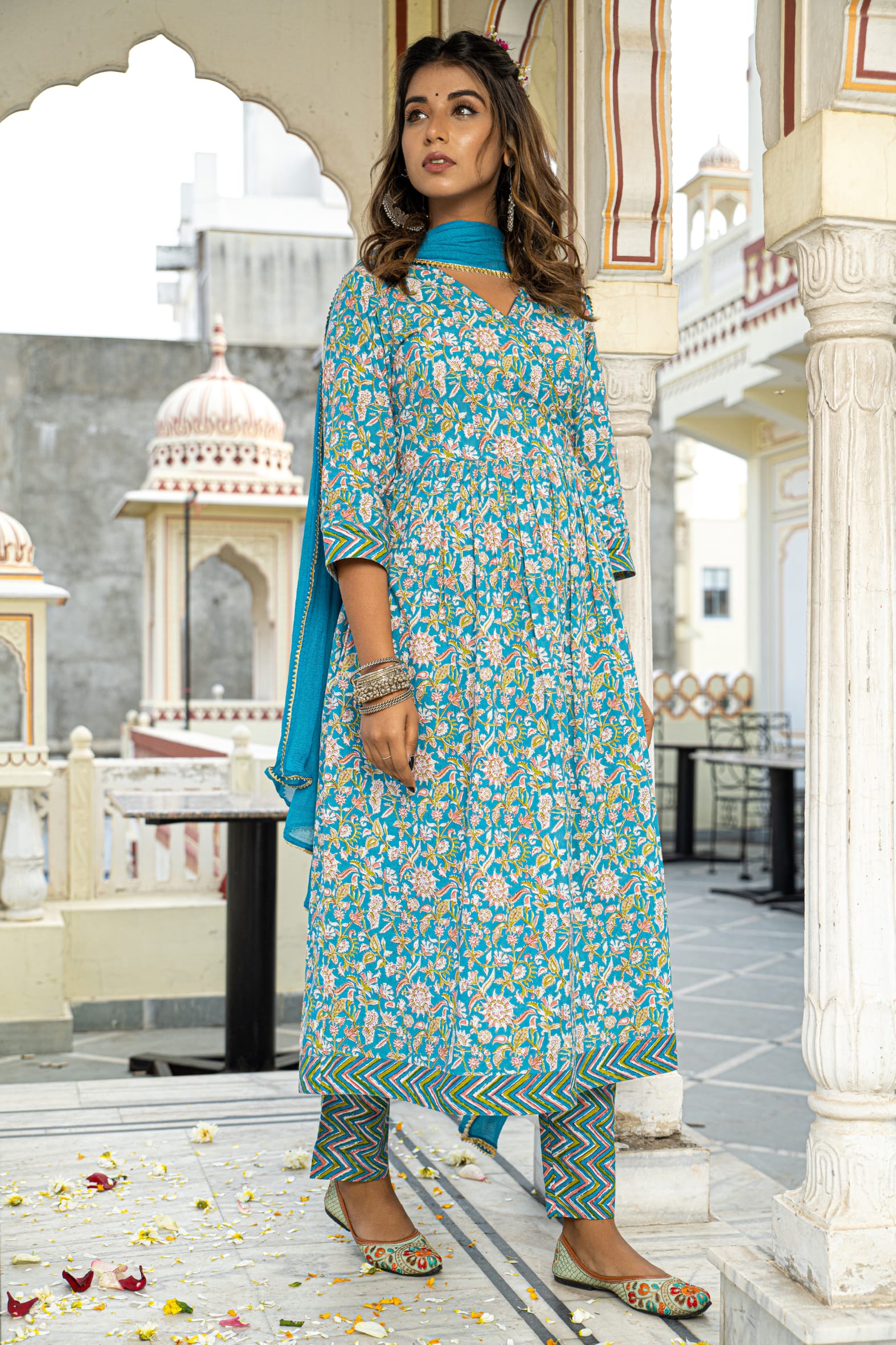 Blue Hand Block Printed Cotton Angrakha Suit with Chiffon Dupatta