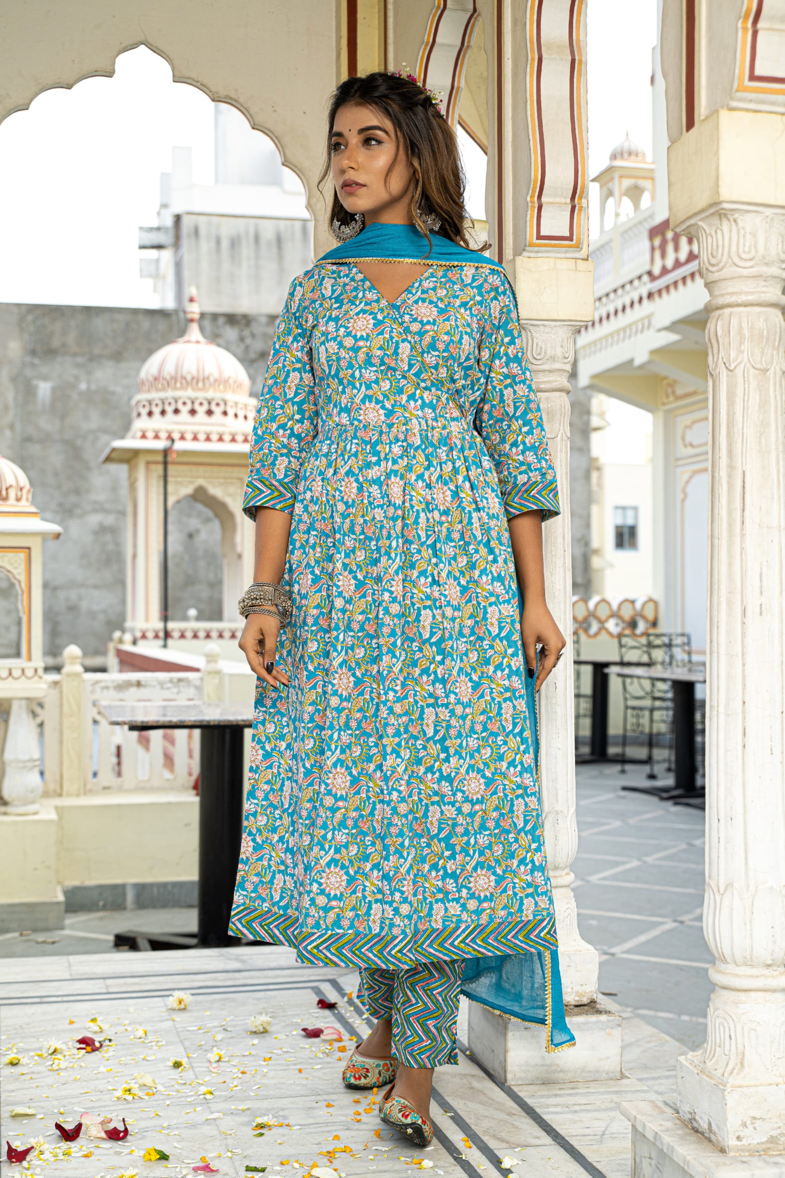 Blue Hand Block Printed Cotton Angrakha Suit with Chiffon Dupatta