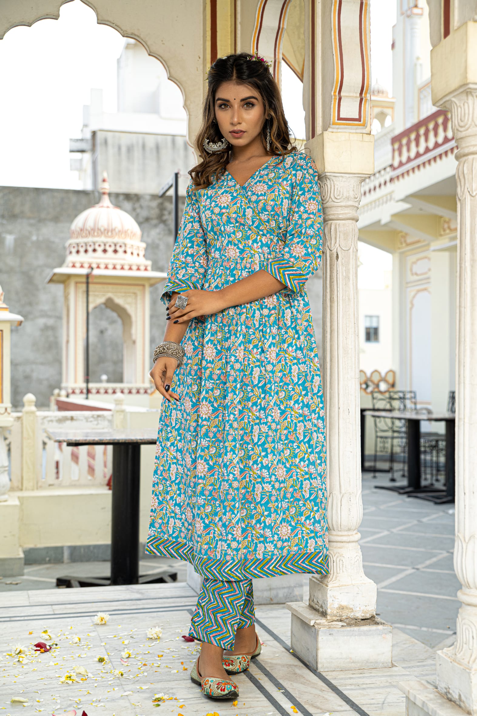 Blue Hand Block Printed Cotton Angrakha Suit with Chiffon Dupatta