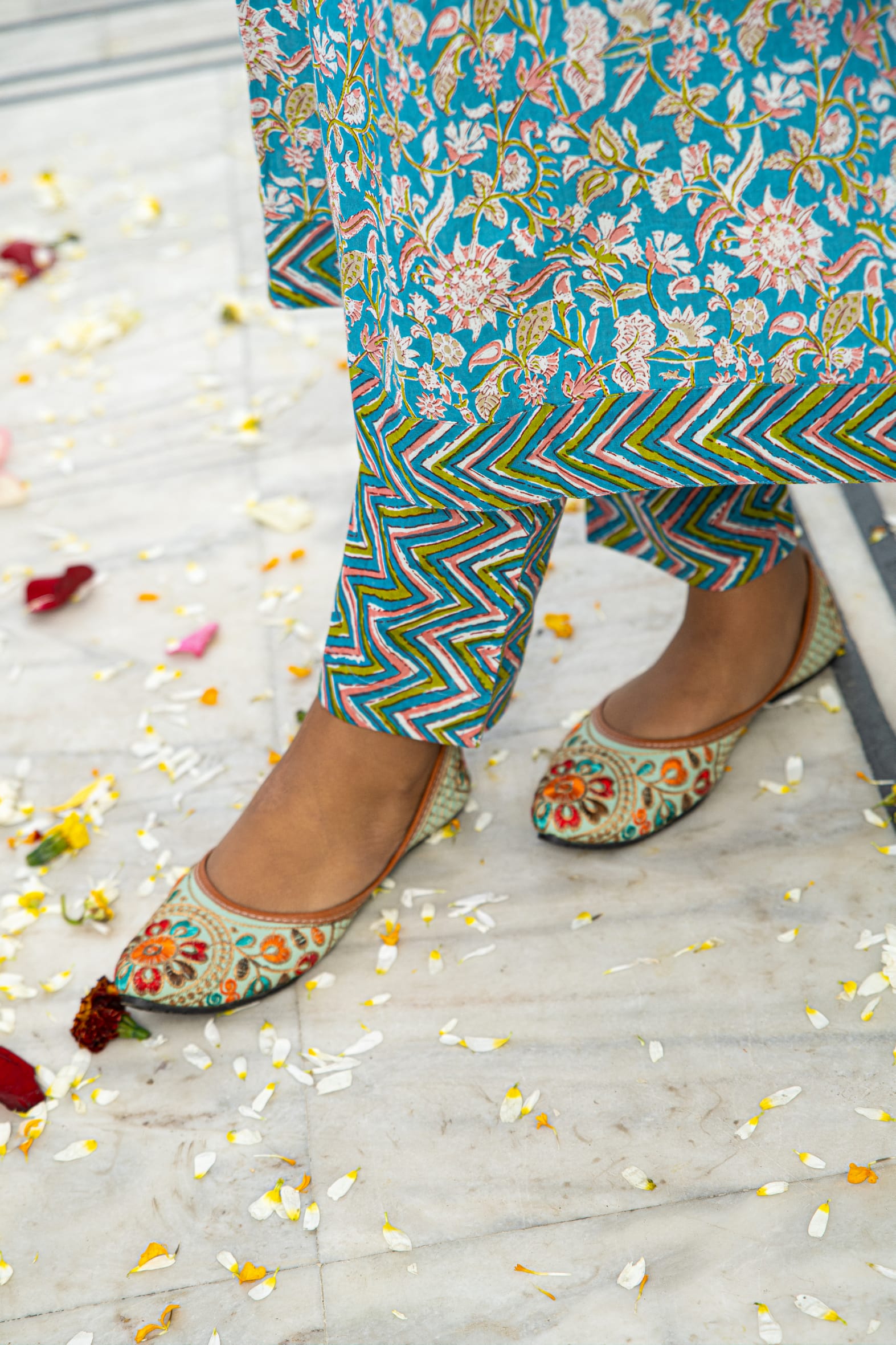 Blue Hand Block Printed Cotton Angrakha Suit with Chiffon Dupatta