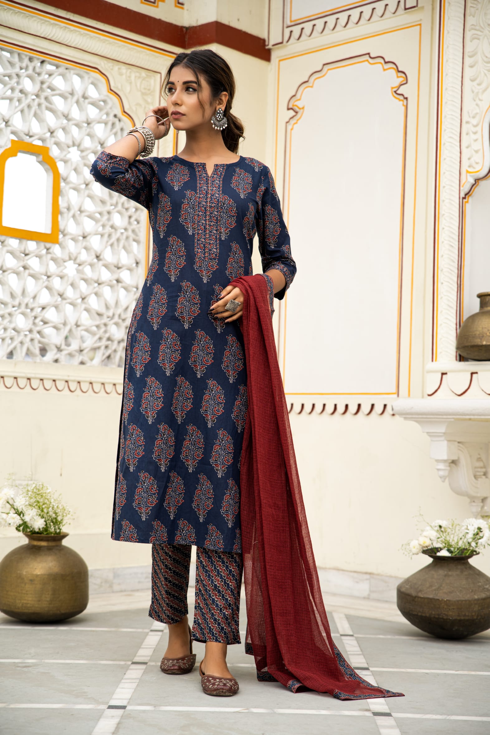 Navy Blue Hand Block Ajrakh Printed Cotton Suit with Maroon Kota Doria Dupatta