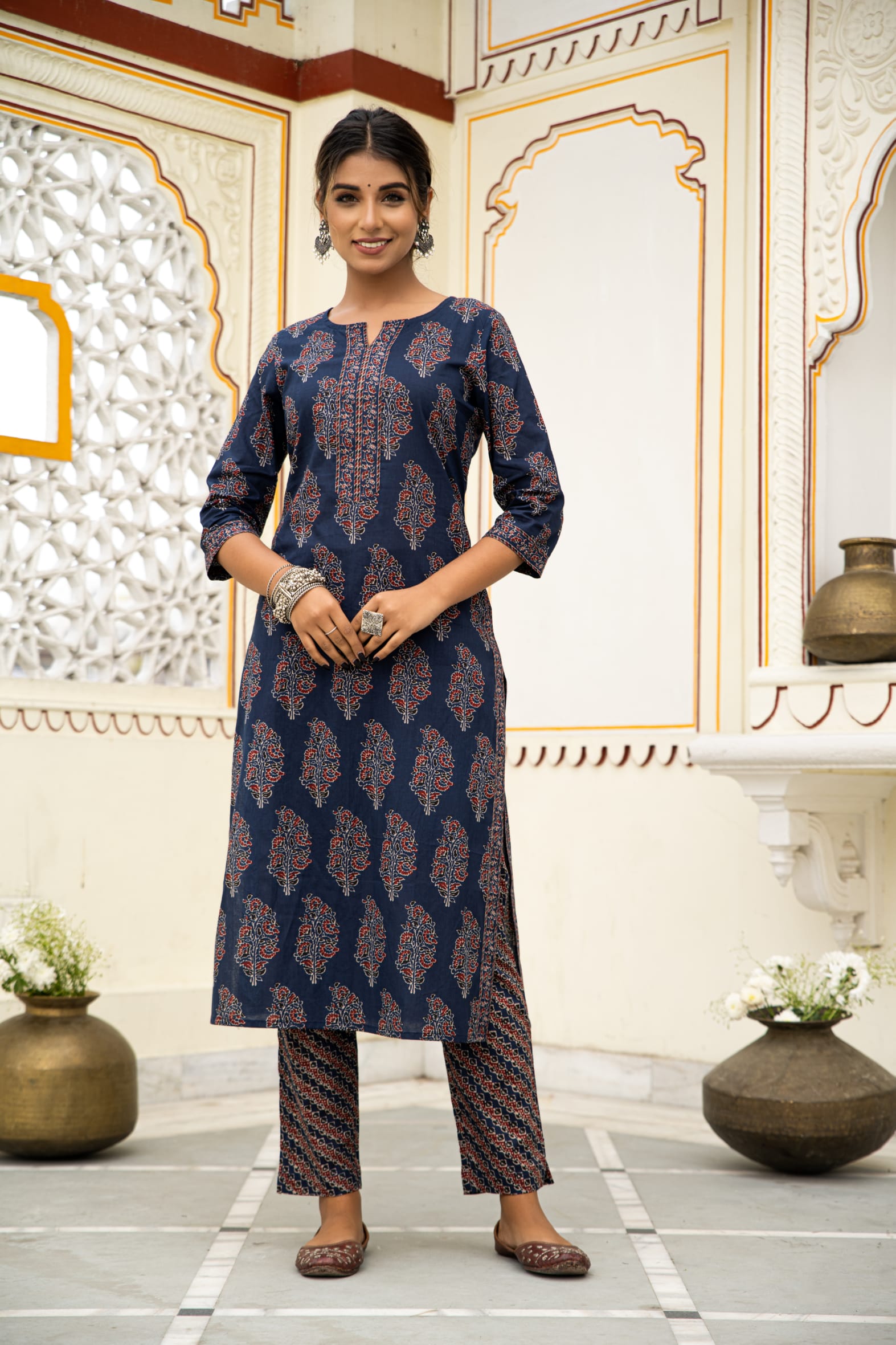 Navy Blue Hand Block Printed Cotton Kurta with Pants