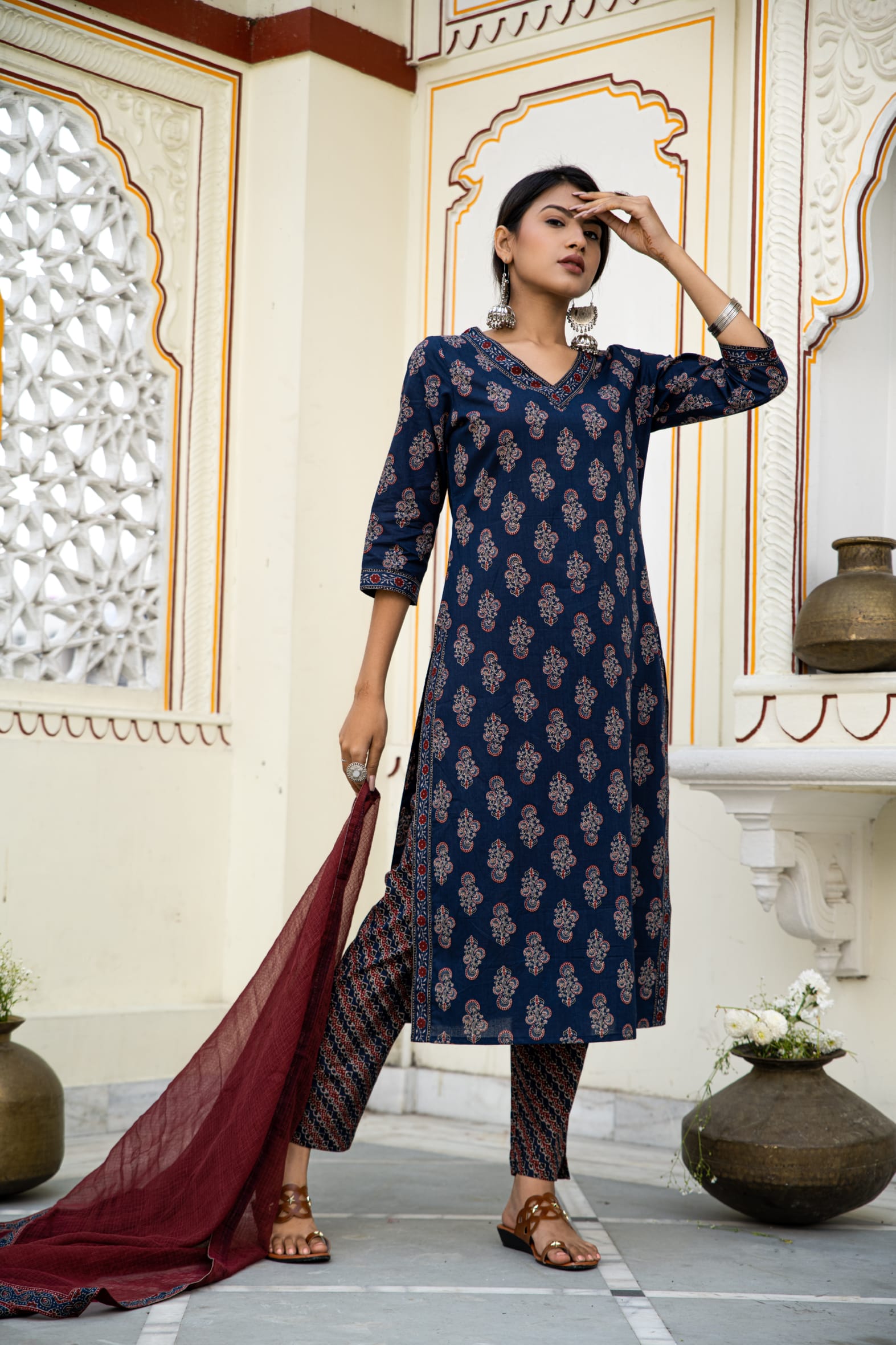 Navy Blue Cotton Ajrakh Butta Block Printed Kurta Pant Set With Cotton Dupatta