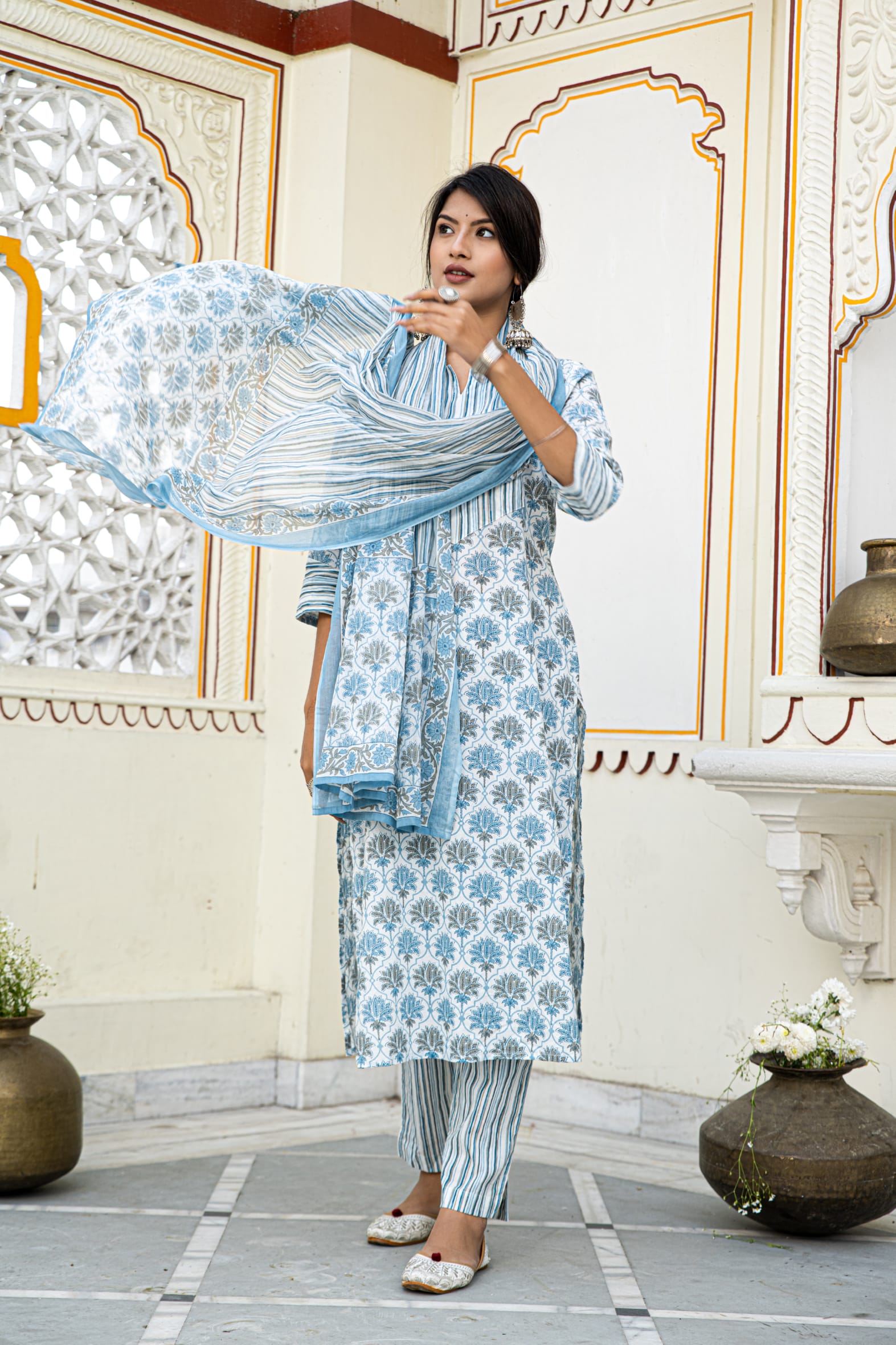 White Blue Printed Cotton Suit With Printed Dupatta