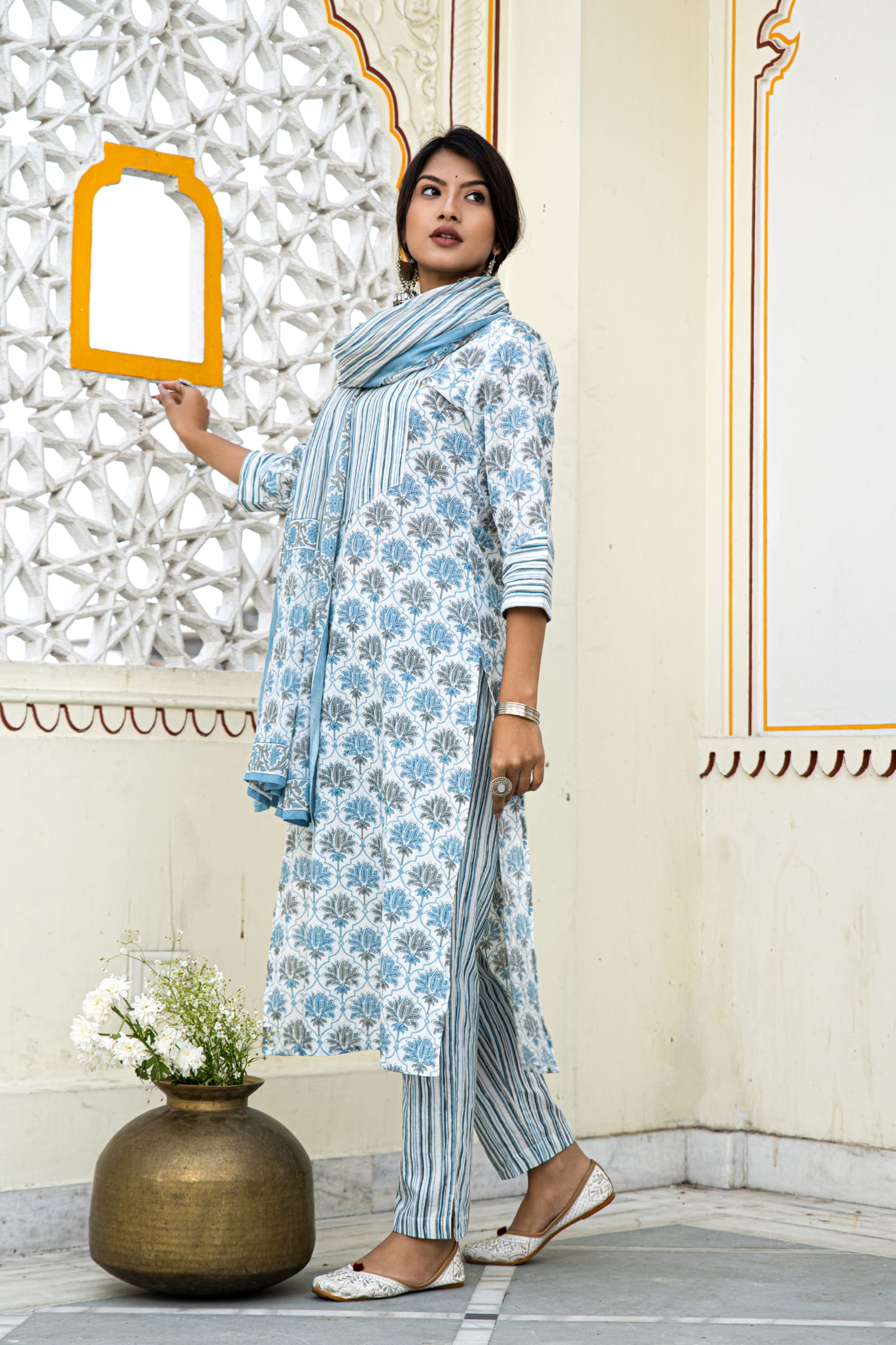 White Blue Printed Cotton Suit With Printed Dupatta