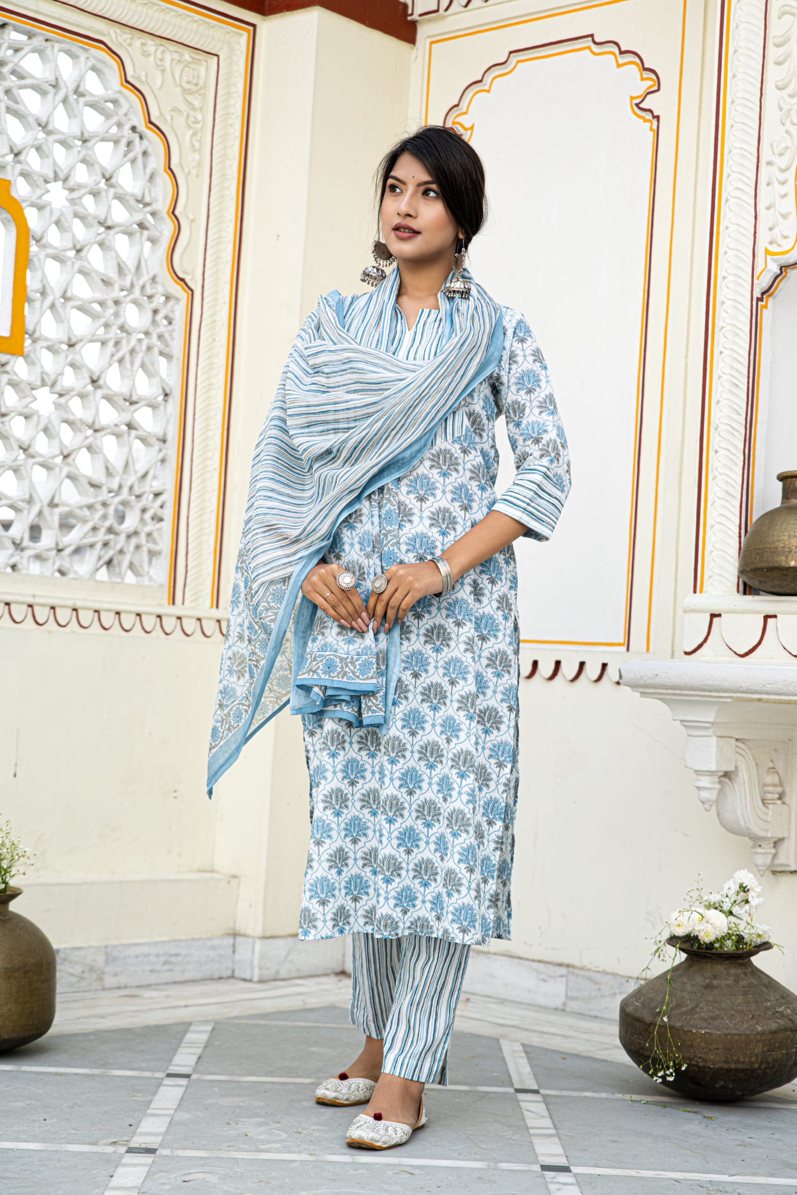 White Blue Printed Cotton Suit With Printed Dupatta