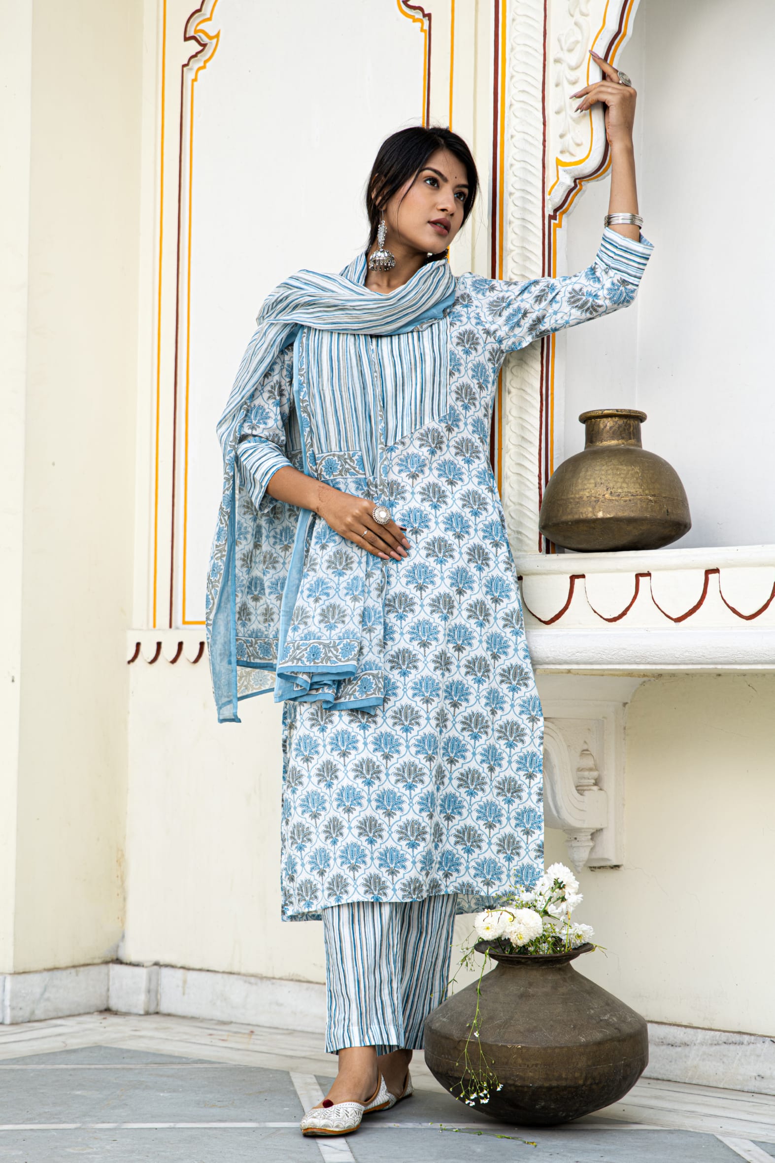 White Blue Printed Cotton Suit With Printed Dupatta