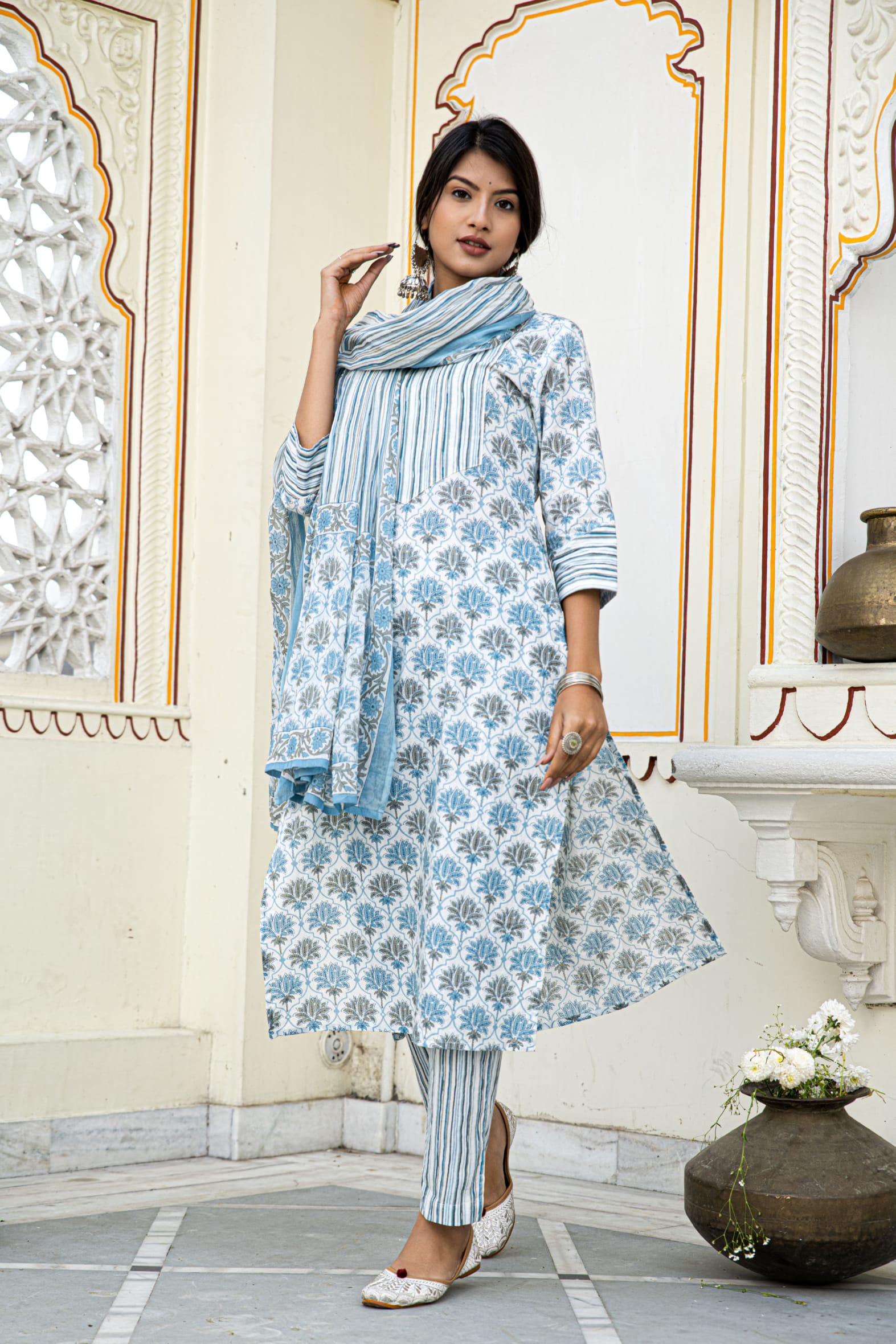 White Blue Printed Cotton Suit With Printed Dupatta