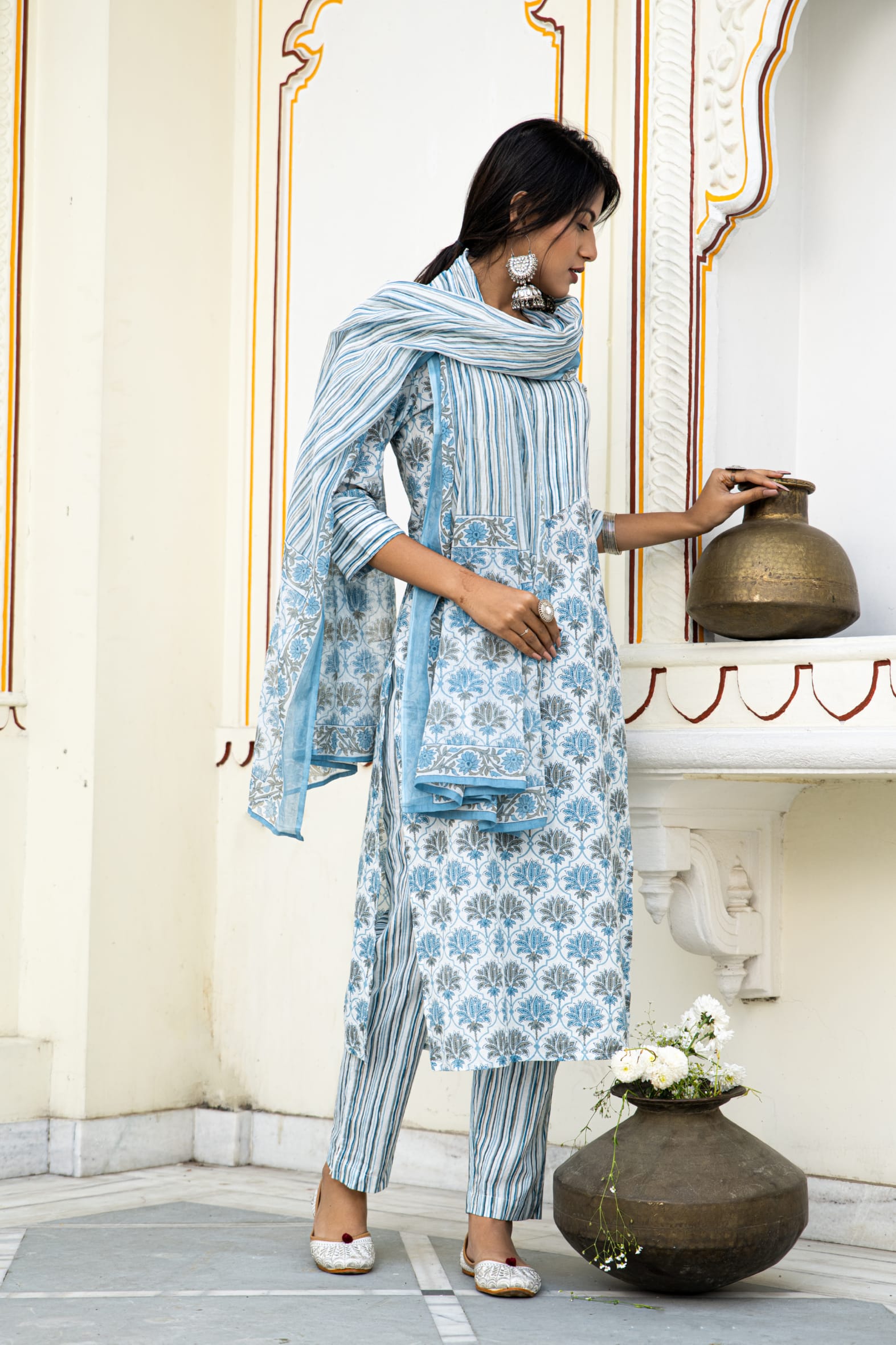 White Blue Printed Cotton Suit With Printed Dupatta