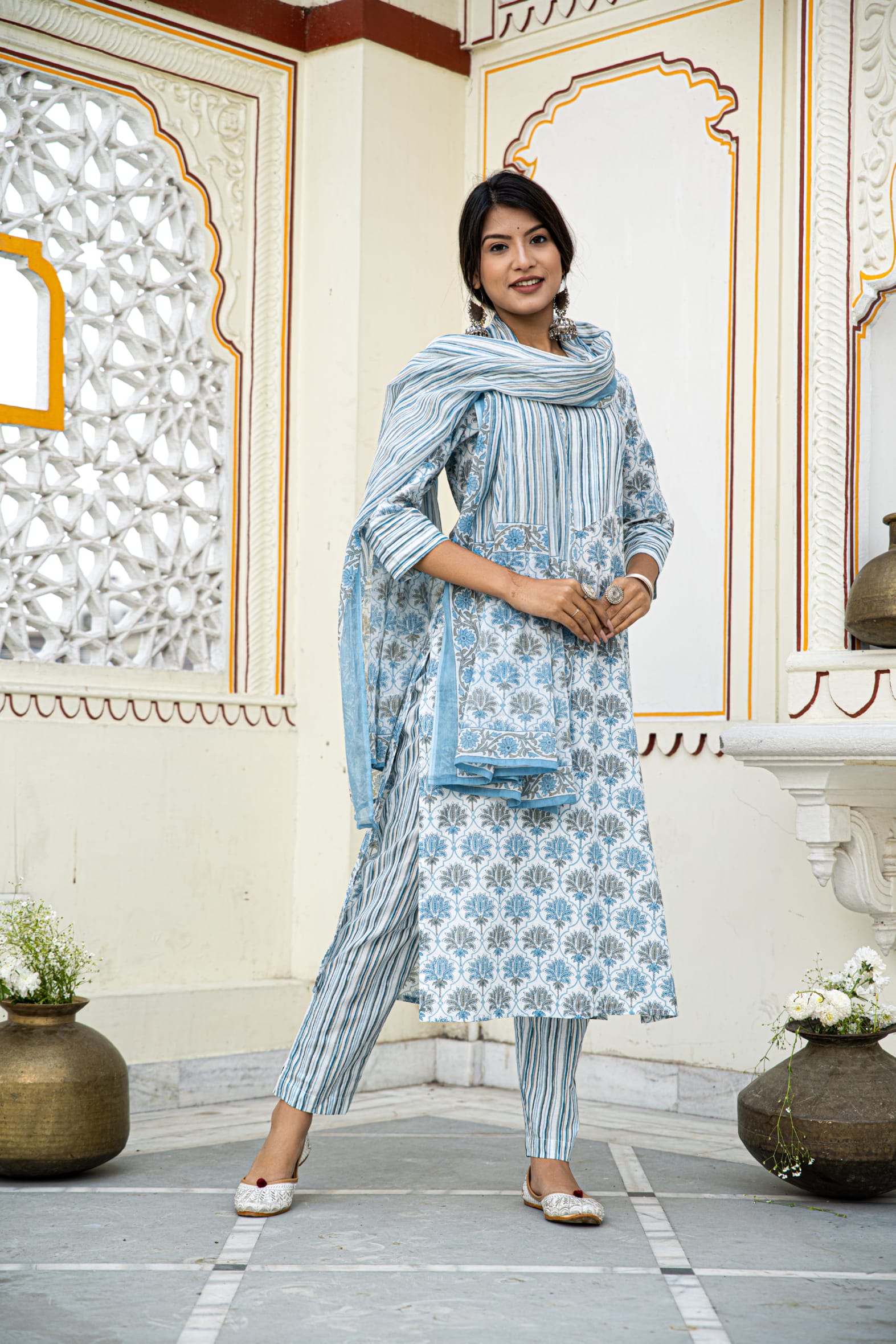 White Blue Printed Cotton Suit With Printed Dupatta