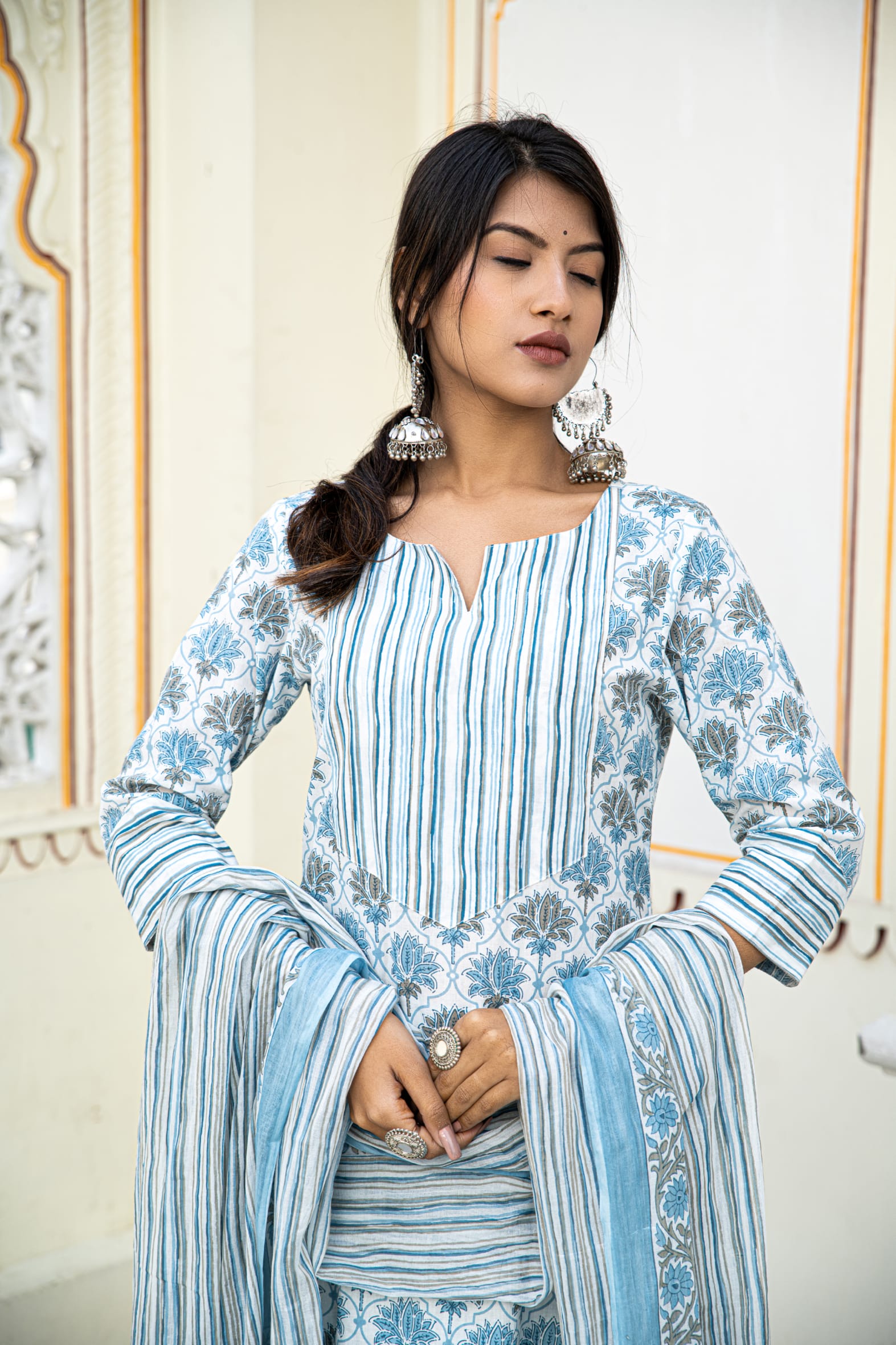 White Blue Printed Cotton Suit With Printed Dupatta