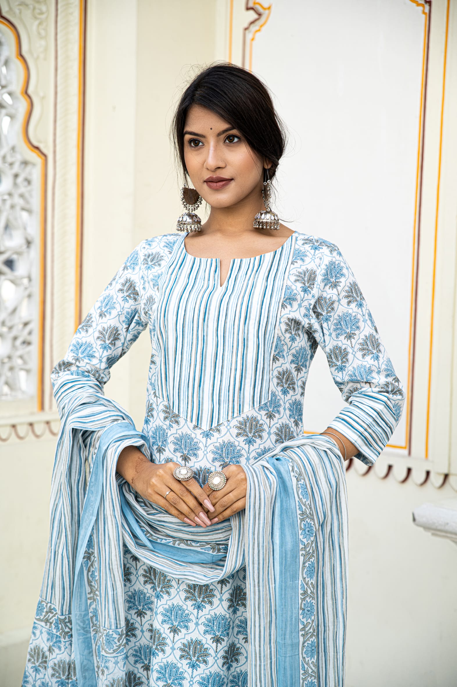 White Blue Printed Cotton Suit With Printed Dupatta