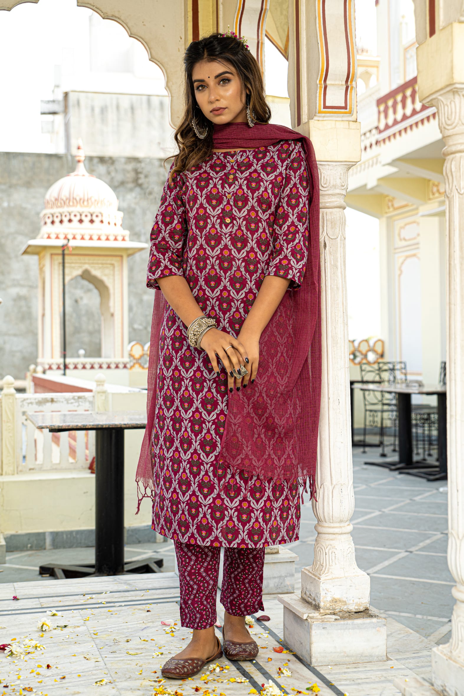 Burgundy Printed Cotton Suit with Kota Doria Dupatta