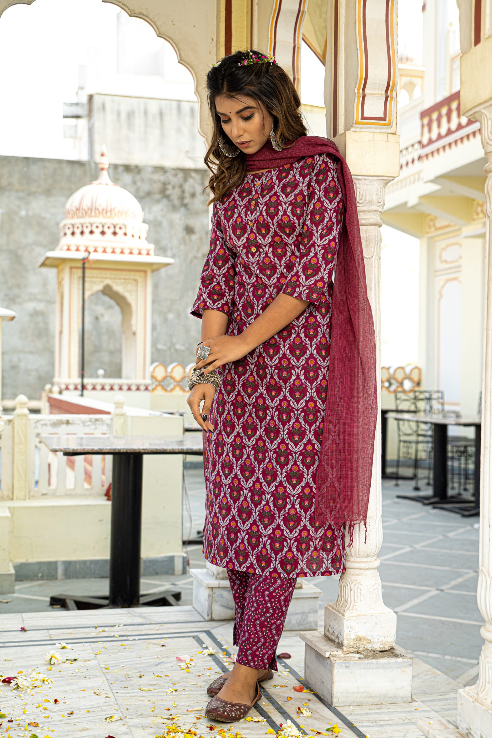 Burgundy Printed Cotton Suit with Kota Doria Dupatta