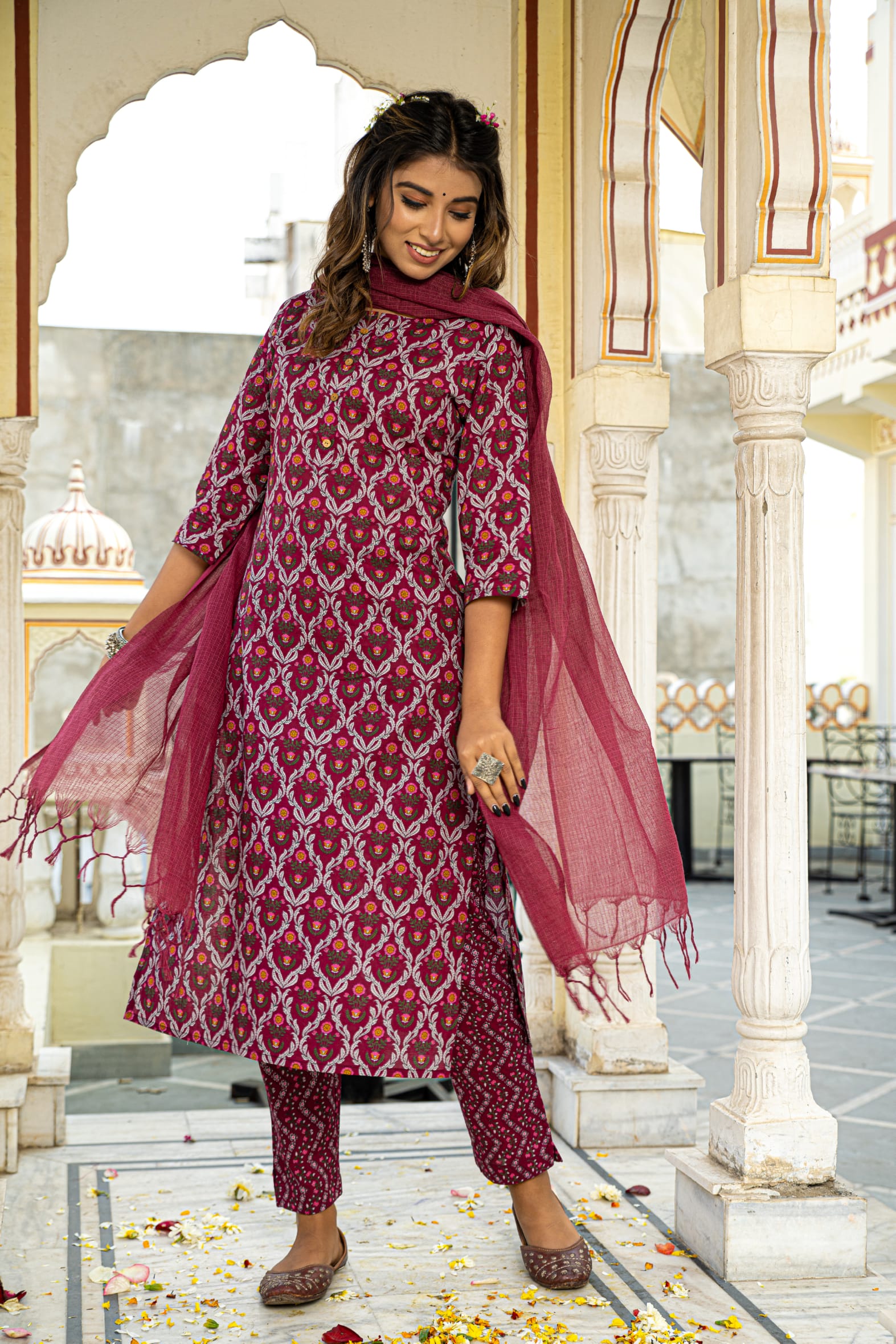 Burgundy Printed Cotton Suit with Kota Doria Dupatta