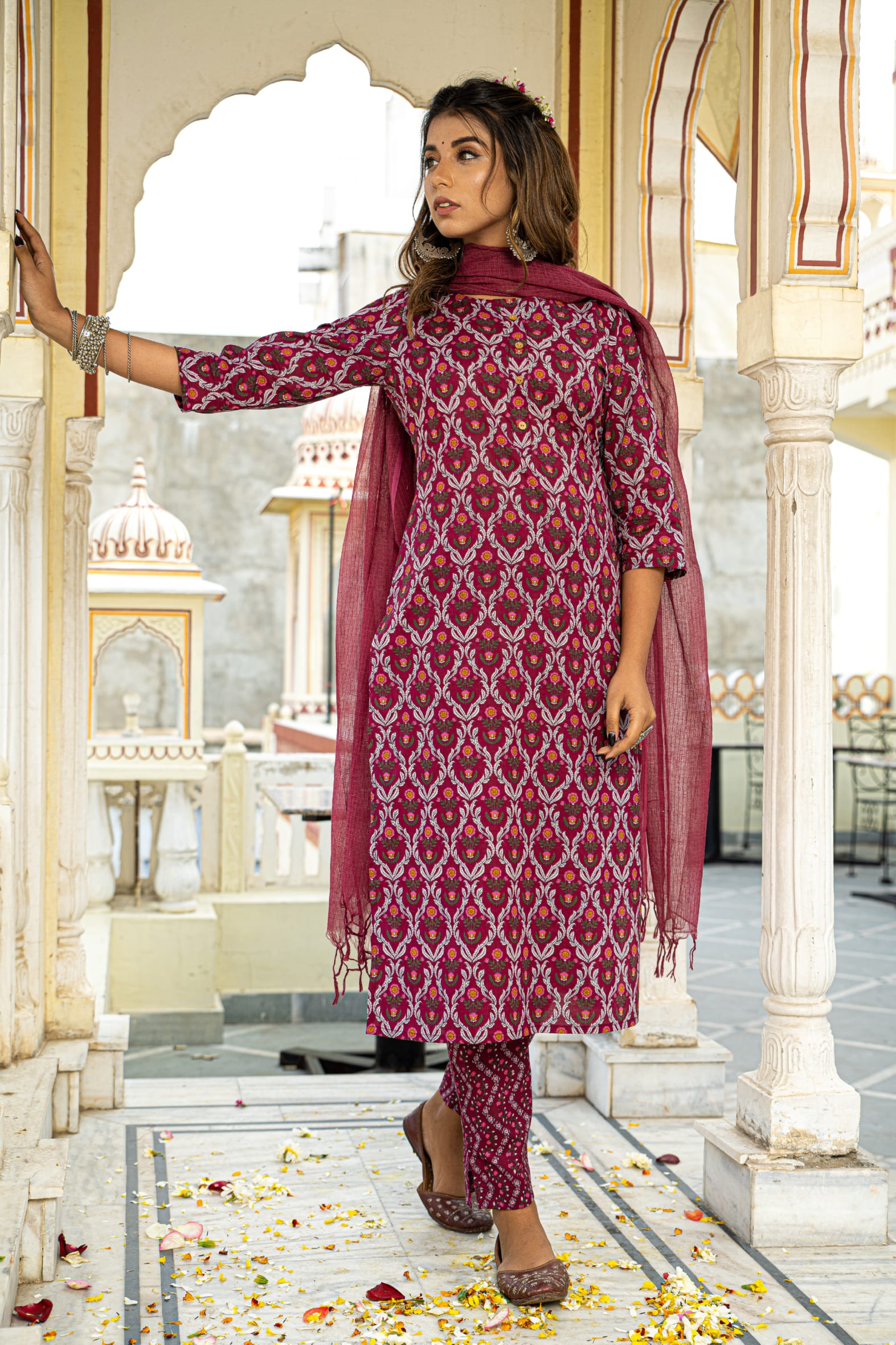 Burgundy Printed Cotton Suit with Kota Doria Dupatta