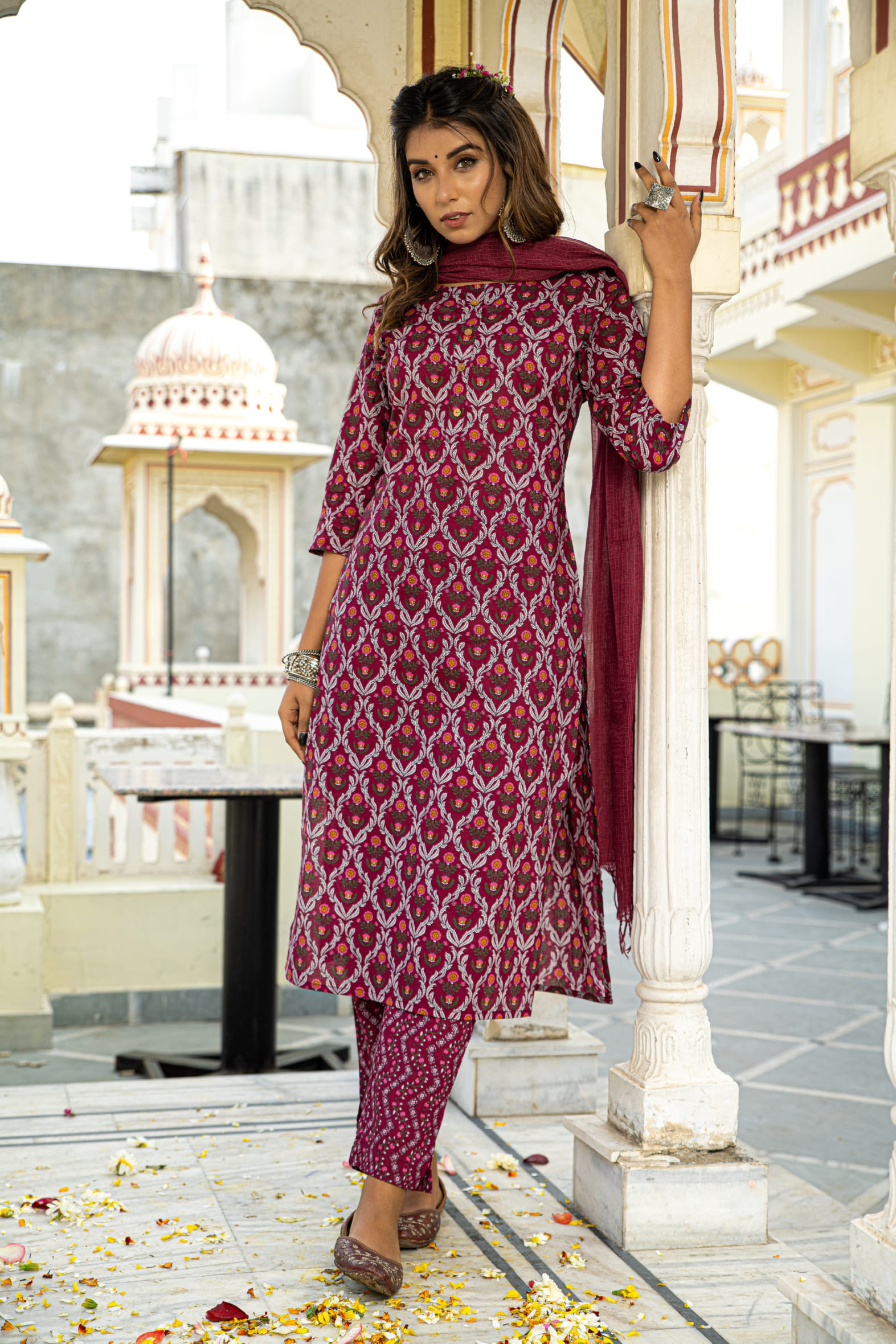 Burgundy Printed Cotton Suit with Kota Doria Dupatta