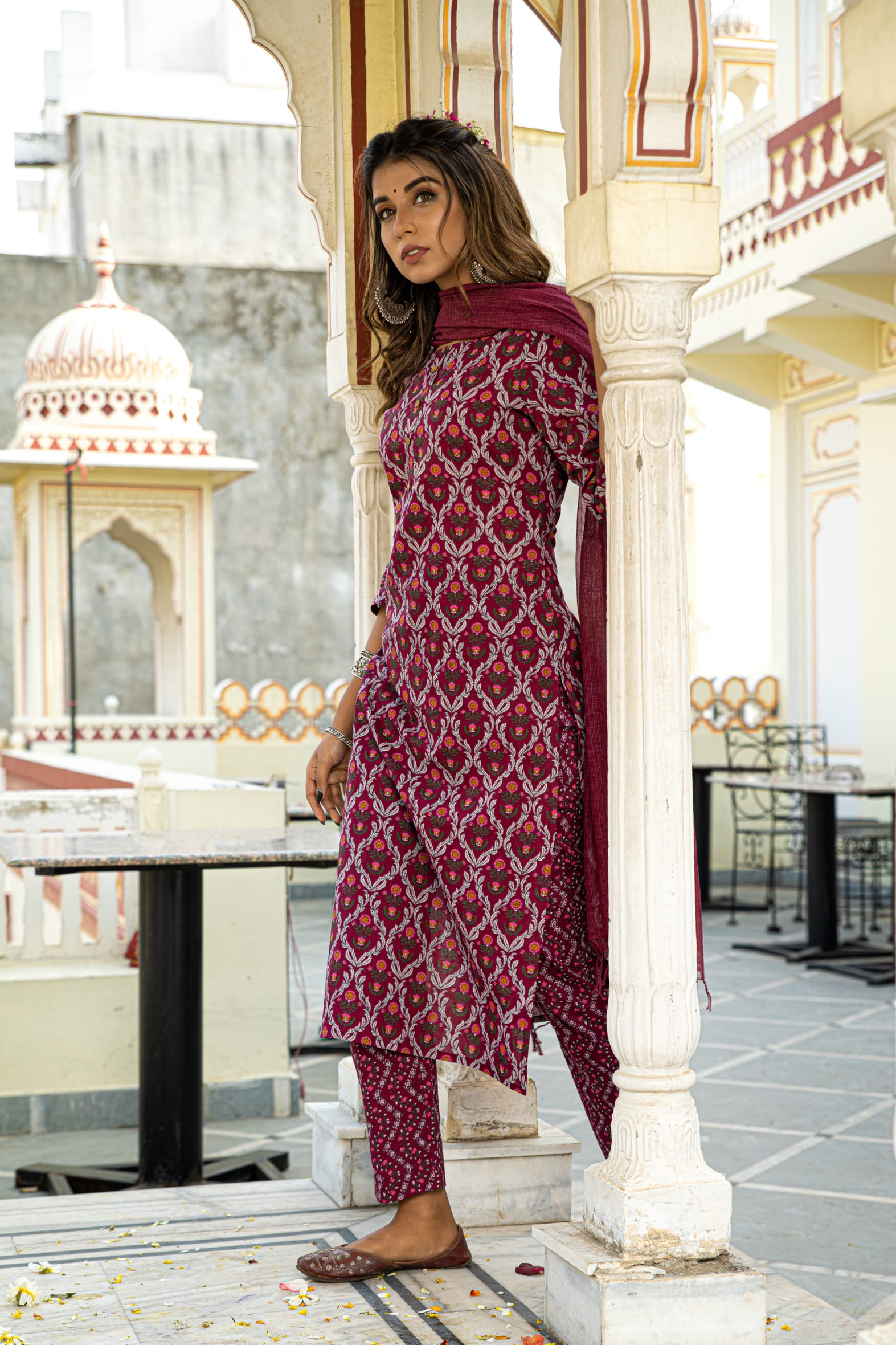 Burgundy Printed Cotton Suit with Kota Doria Dupatta