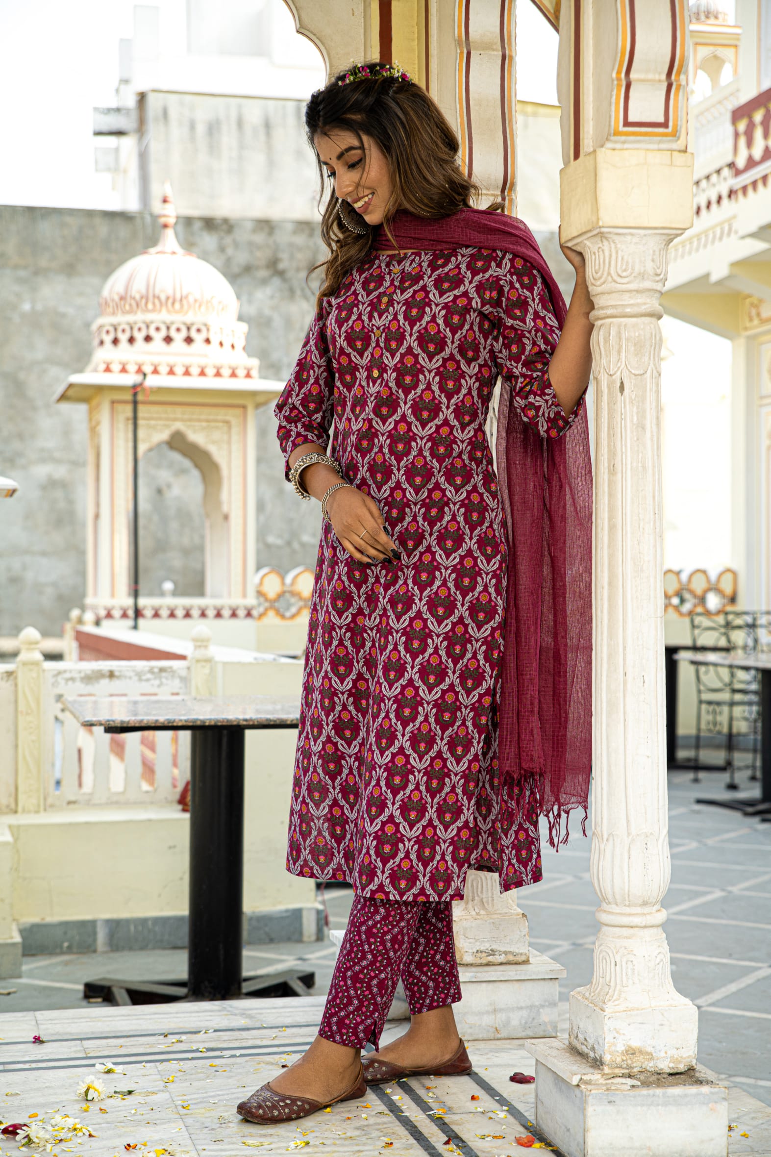 Burgundy Printed Cotton Suit with Kota Doria Dupatta