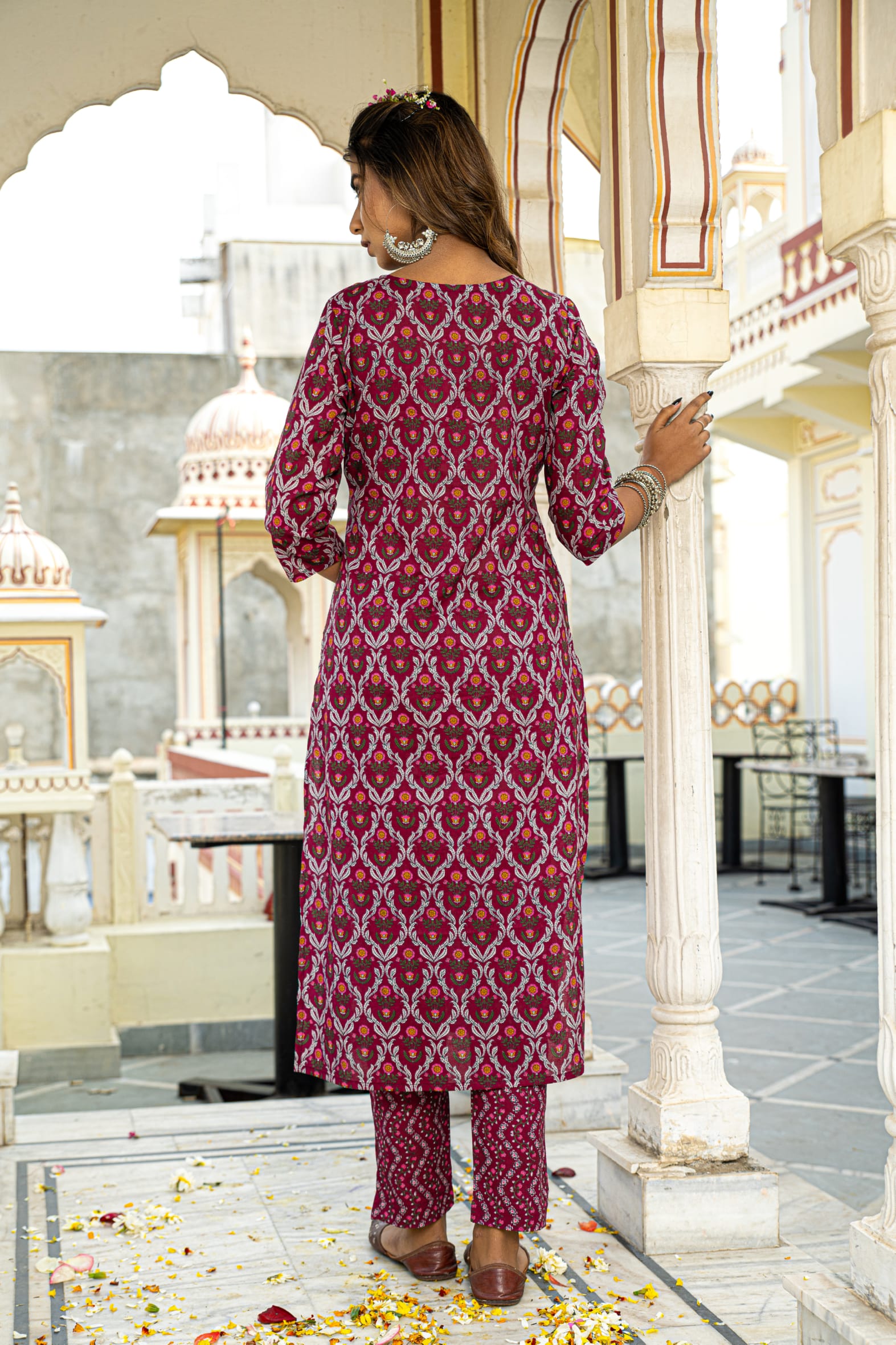 Burgundy Printed Cotton Kurta with Pants