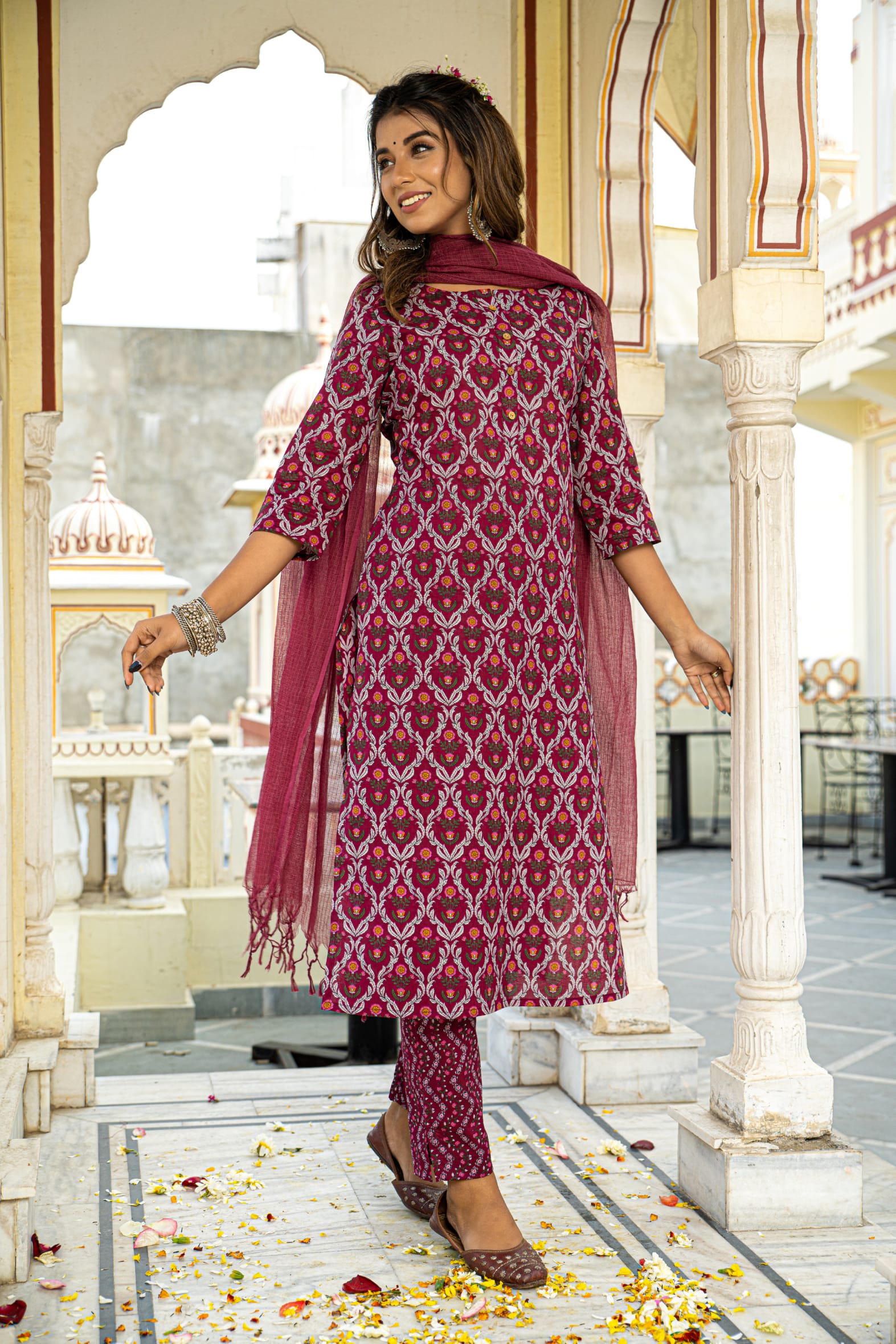 Burgundy Printed Cotton Suit with Kota Doria Dupatta