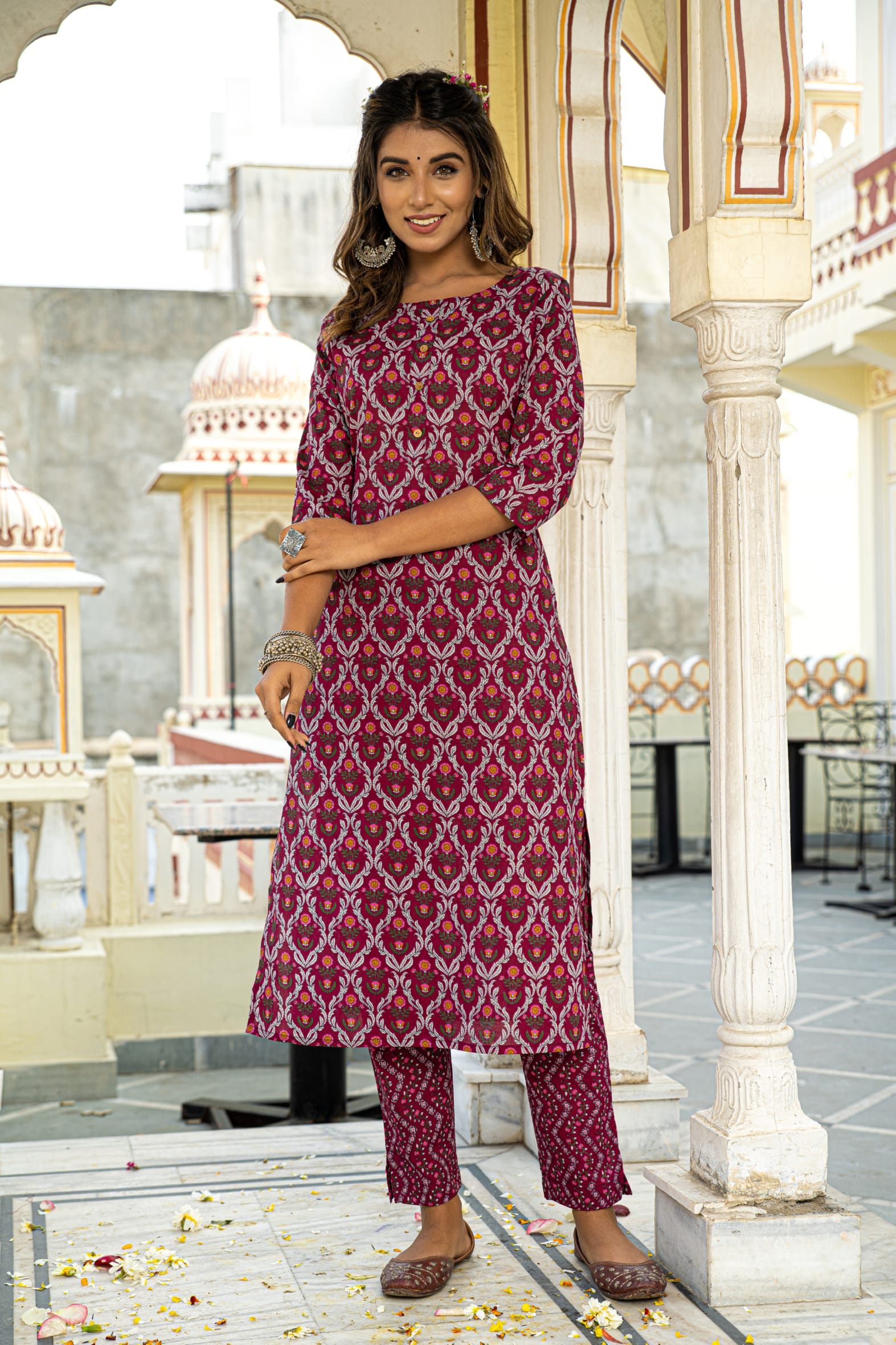 Burgundy Printed Cotton Kurta with Pants