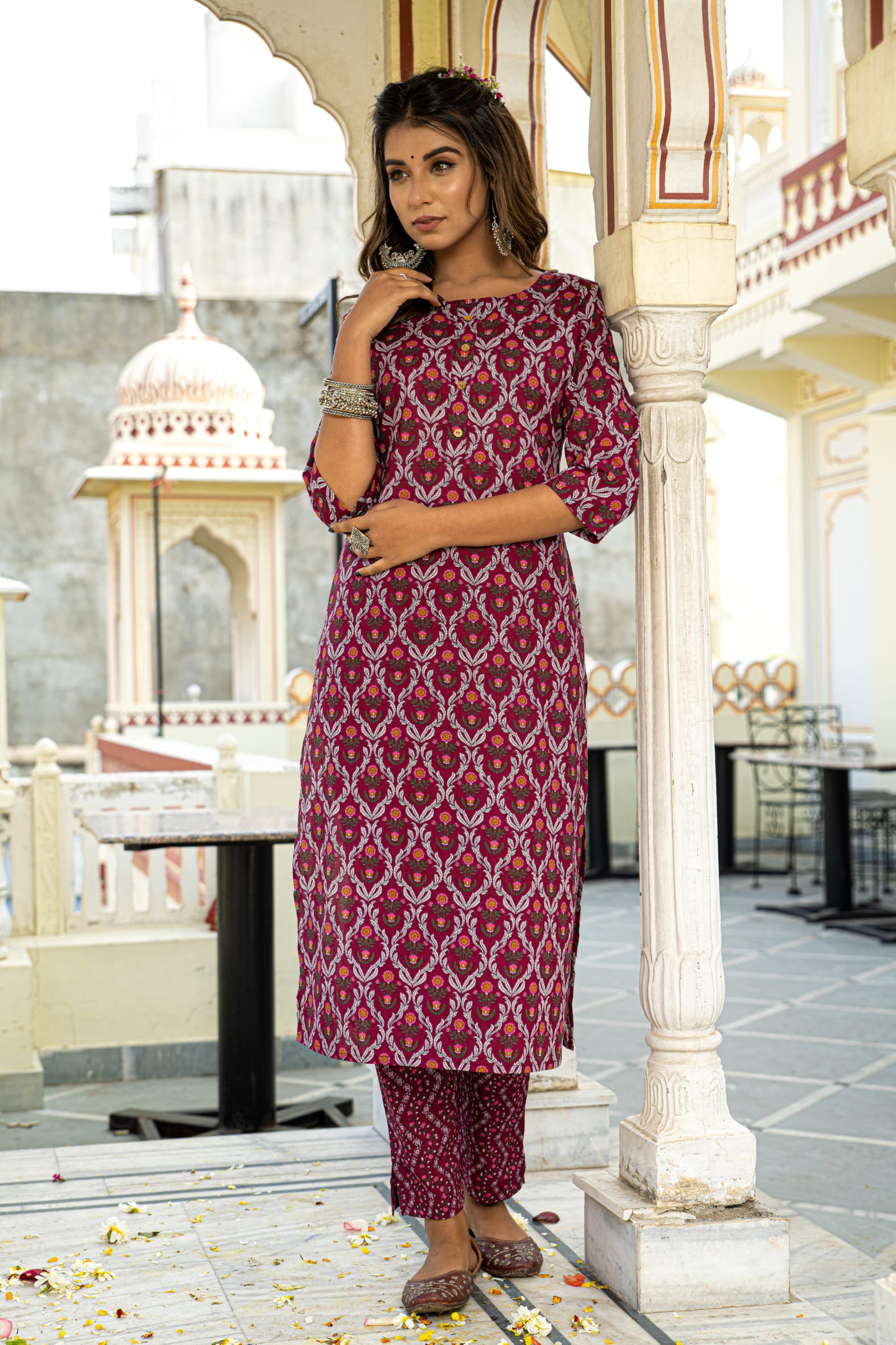 Burgundy Printed Cotton Kurta with Pants