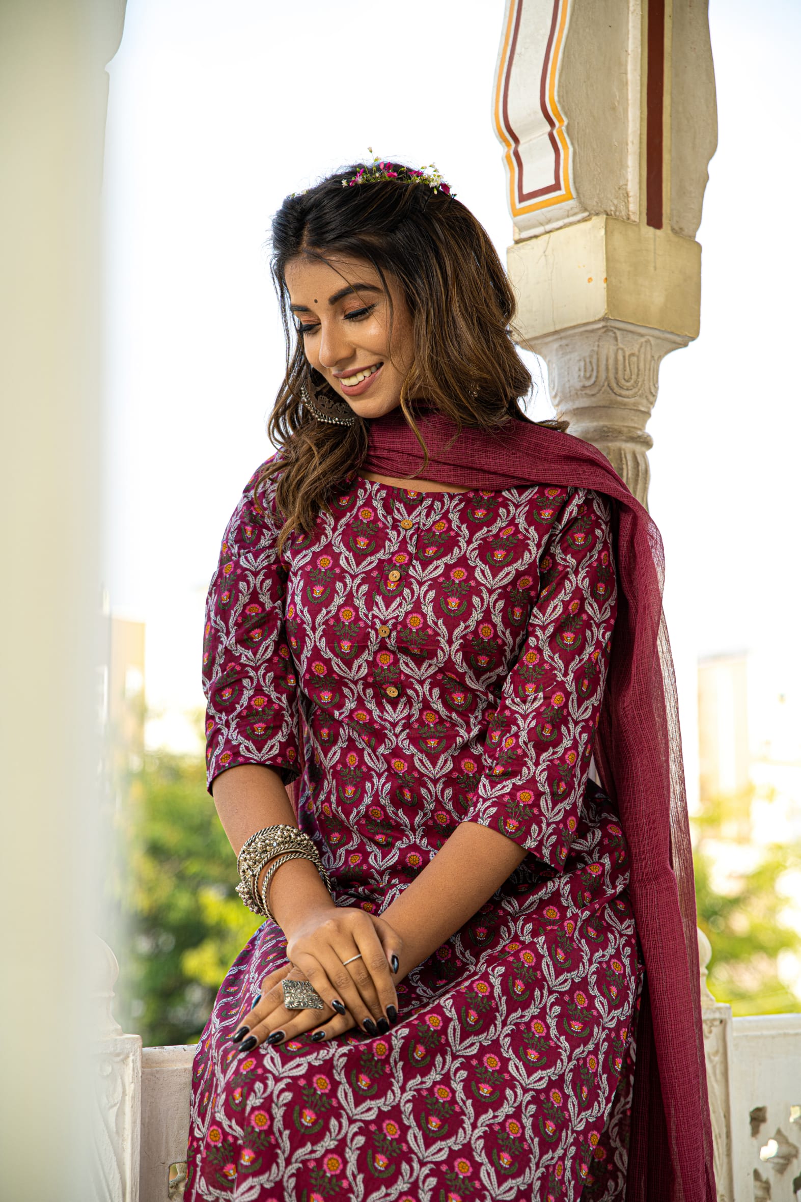 Burgundy Printed Cotton Suit with Kota Doria Dupatta