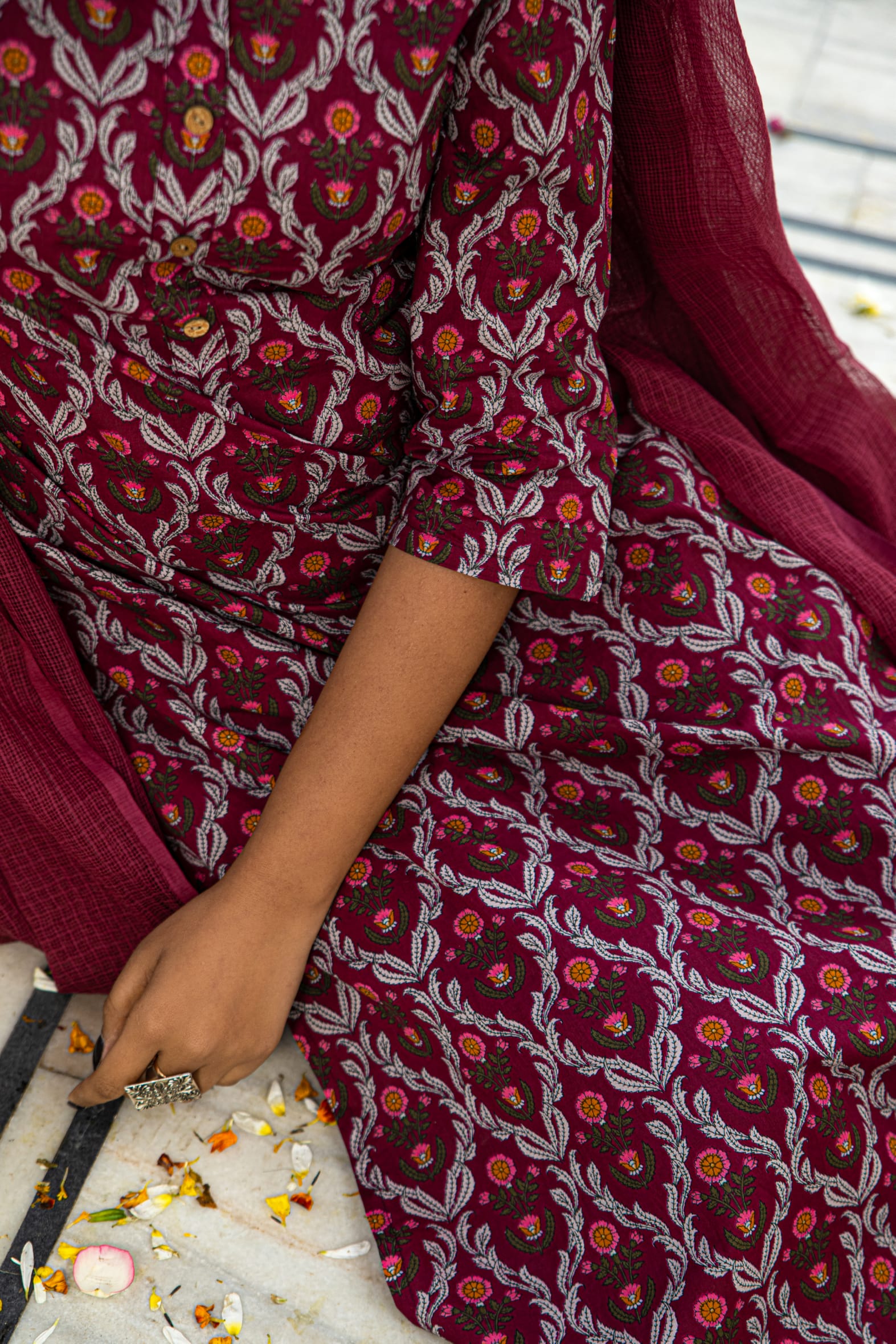 Burgundy Printed Cotton Suit with Kota Doria Dupatta