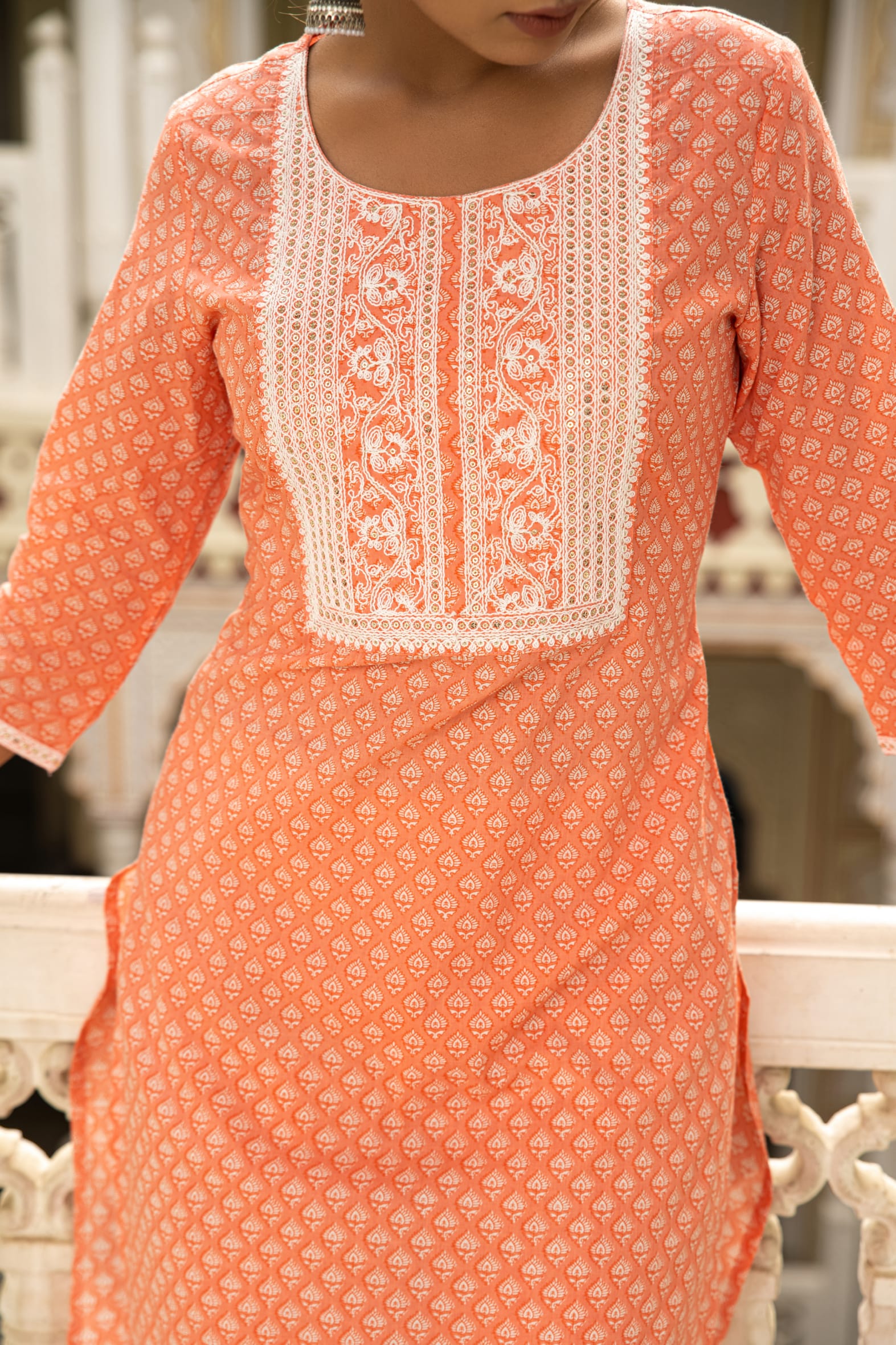 Peach White Printed Cotton Kurta with Pants