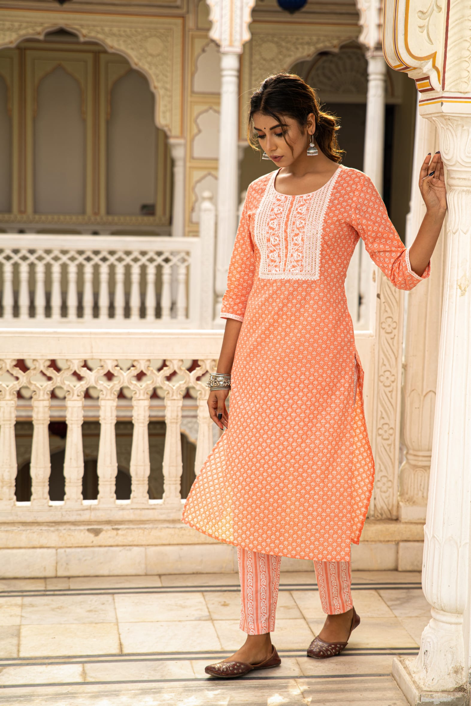 Peach White Printed Cotton Kurta with Pants