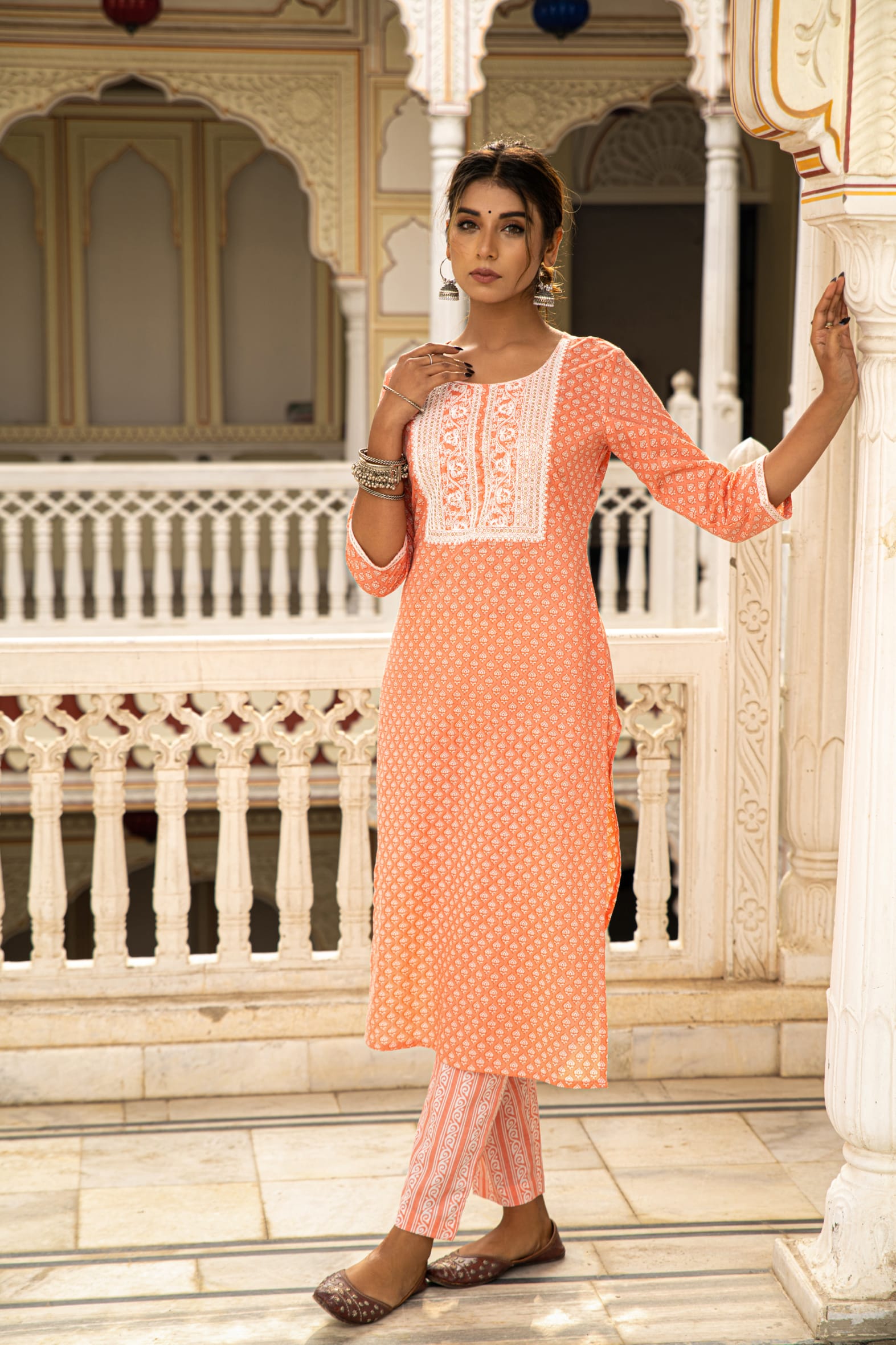 Peach White Printed Cotton Kurta with Pants