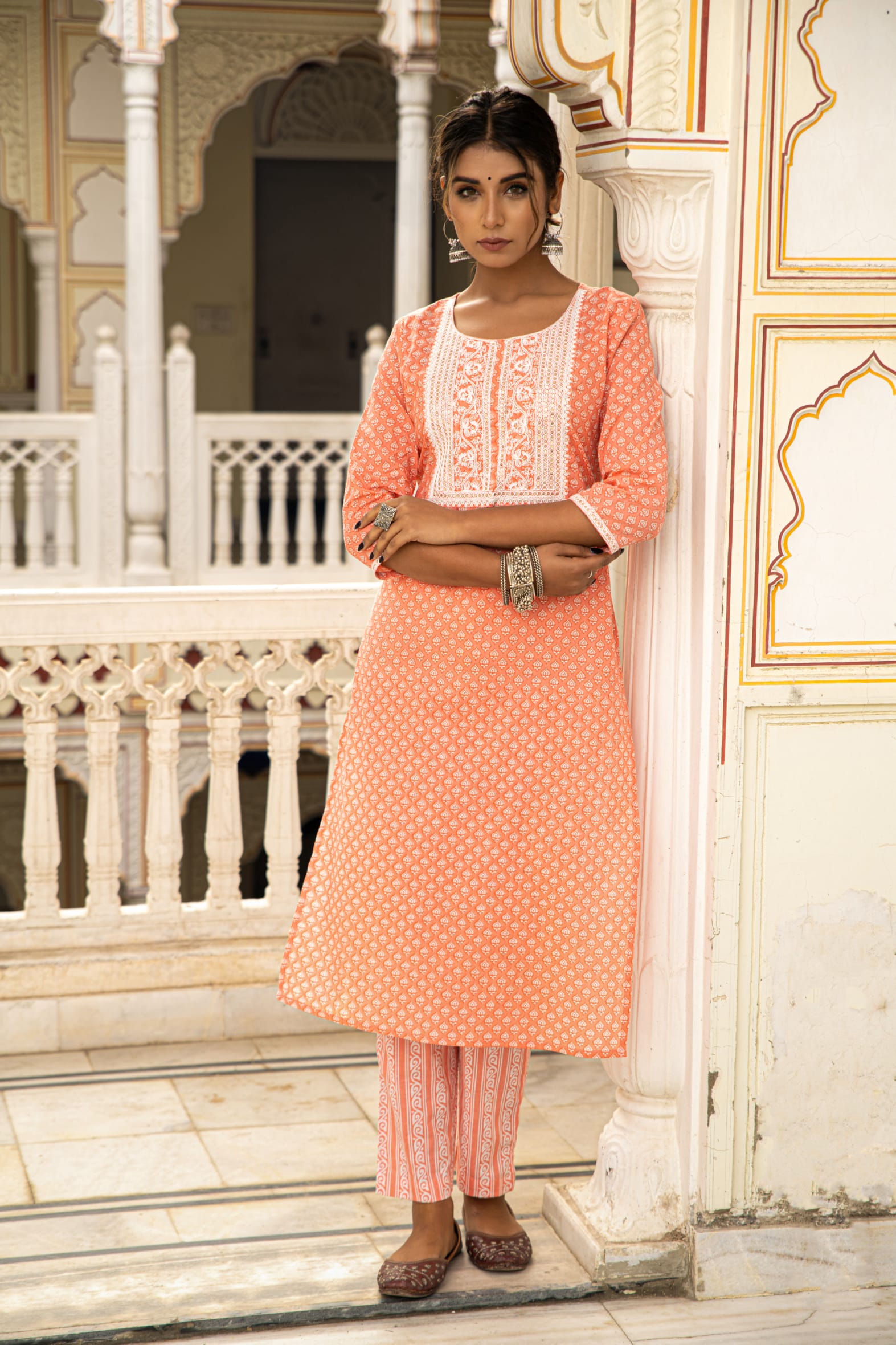 Peach White Printed Cotton Kurta with Pants