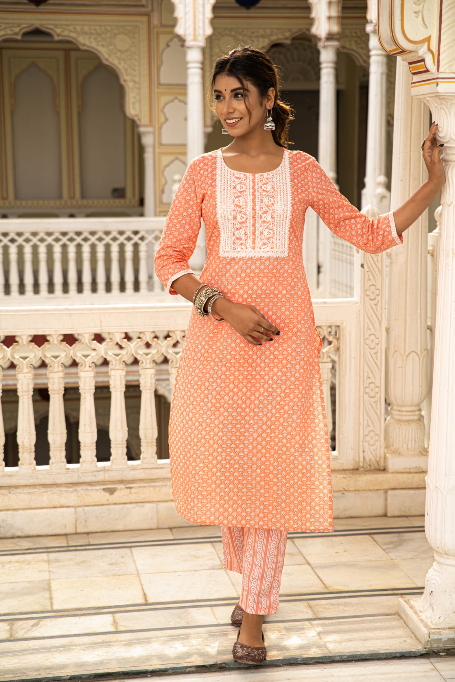 Peach White Printed Cotton Kurta with Pants