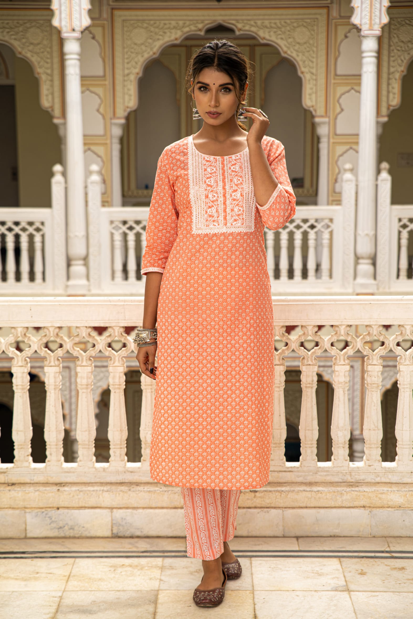 Peach White Printed Cotton Kurta with Pants