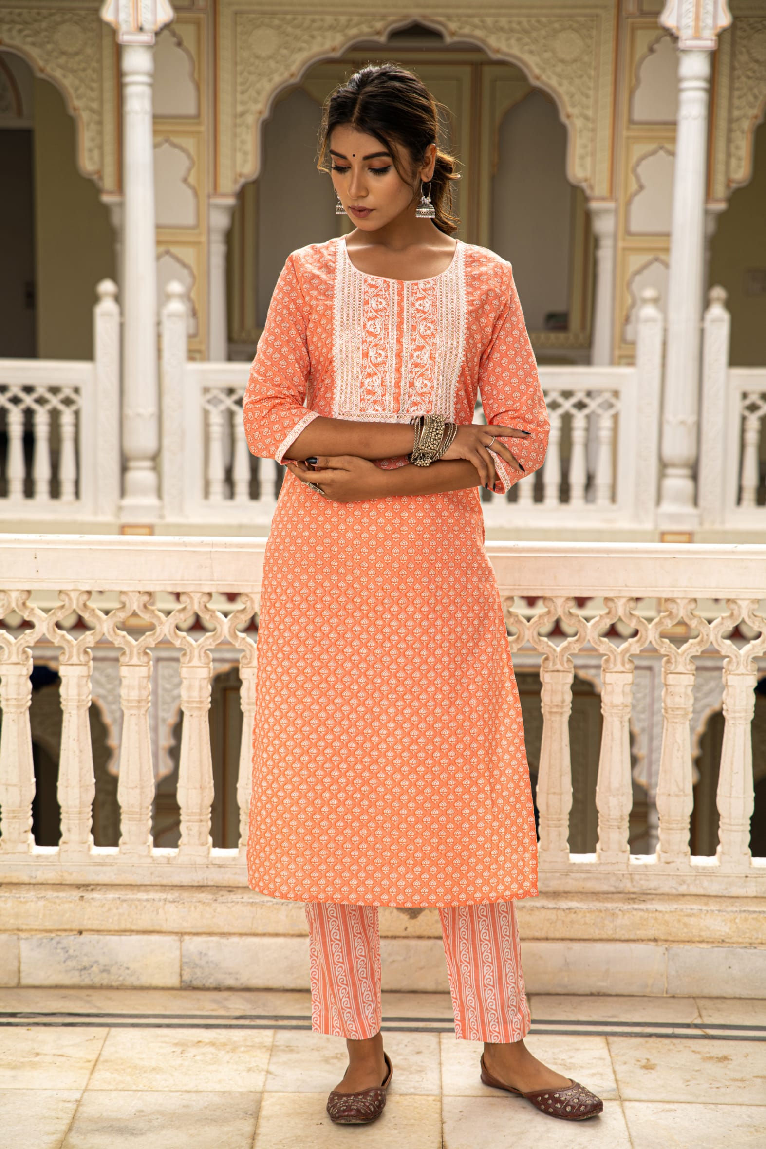 Peach White Printed Cotton Kurta with Pants