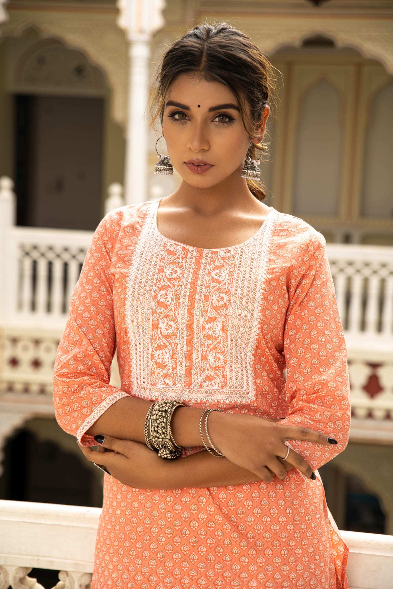 Peach White Printed Cotton Kurta with Pants