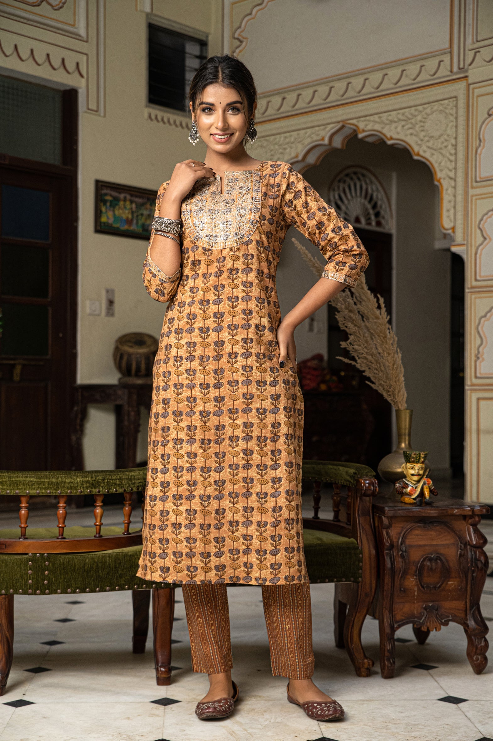 Beige Hand Block Printed Cotton Kurta with Pants