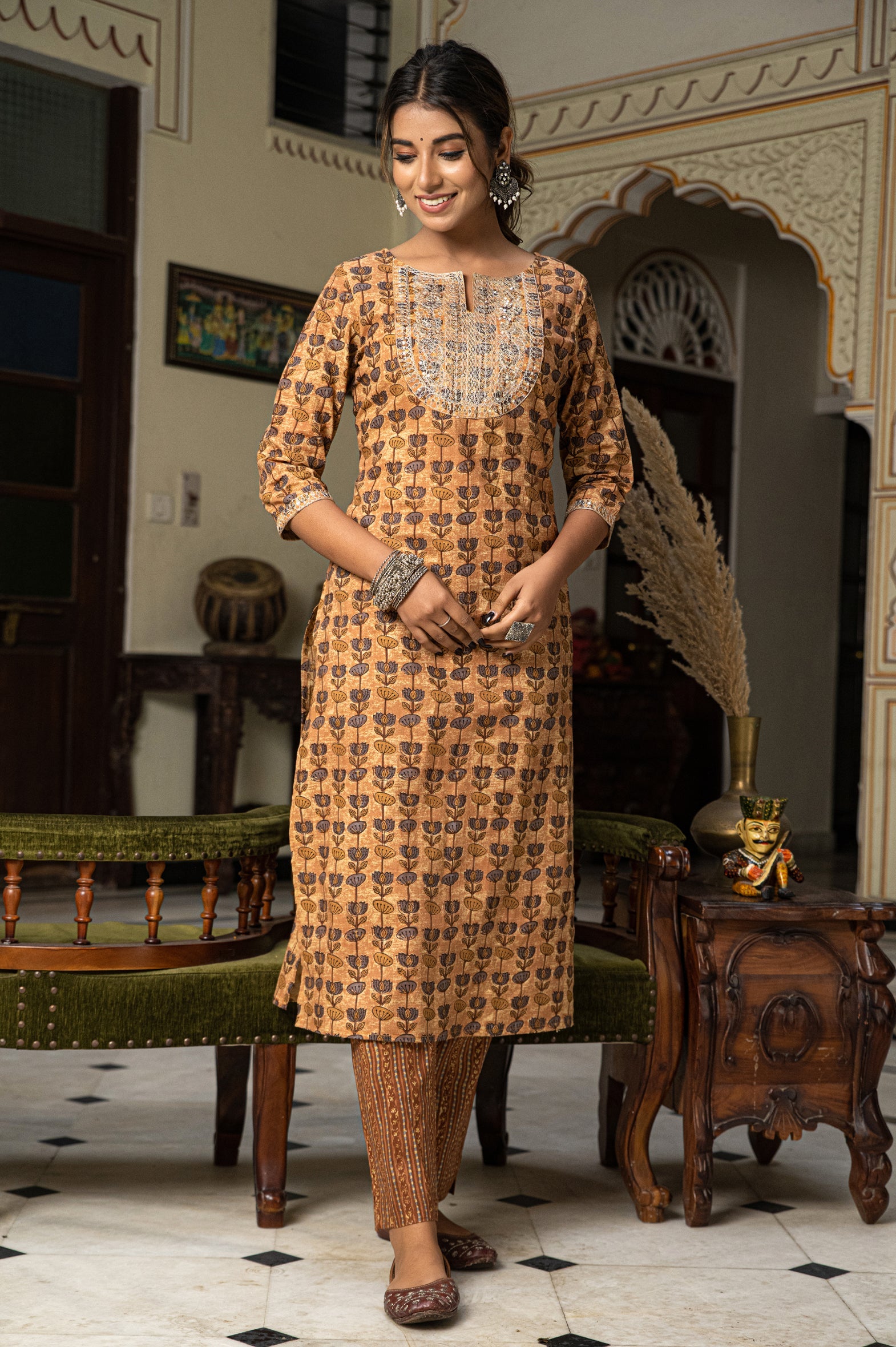 Beige Hand Block Printed Cotton Kurta with Pants